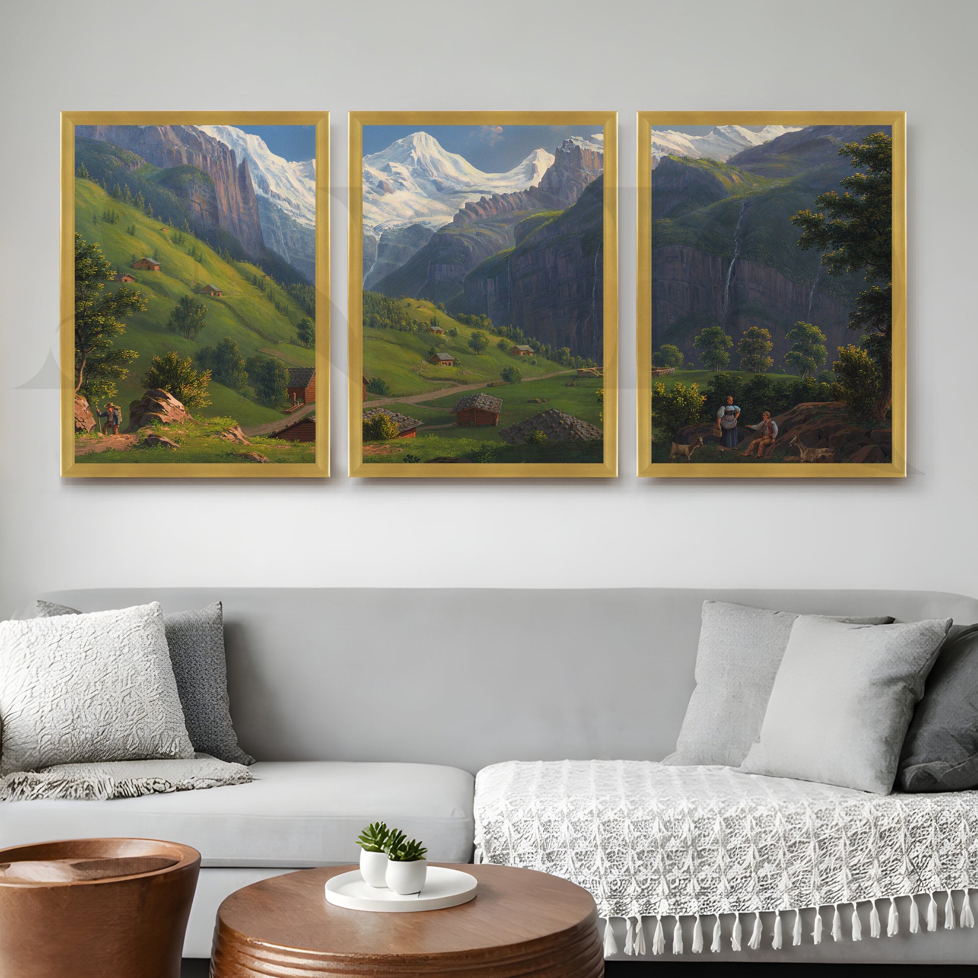 Alpine Valley Landscape Gallery Wall – Set of 3 Classic Mountain Artworks - 18 x 24 Inches for Living Room
