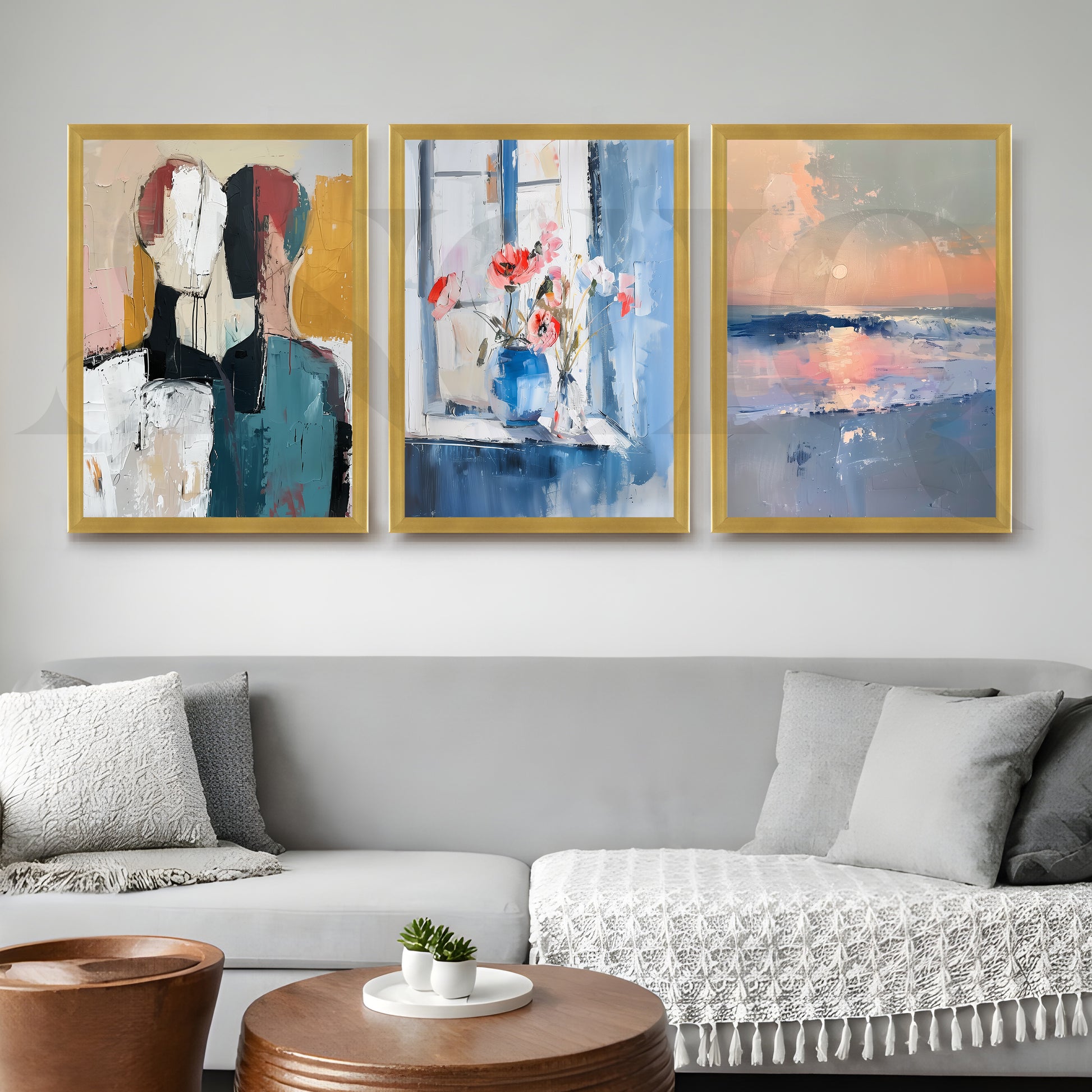 Contemporary Serenity Abstract Gallery Wall – Set of 3 Modern Artworks - 18 x 24 Inches for Living Room