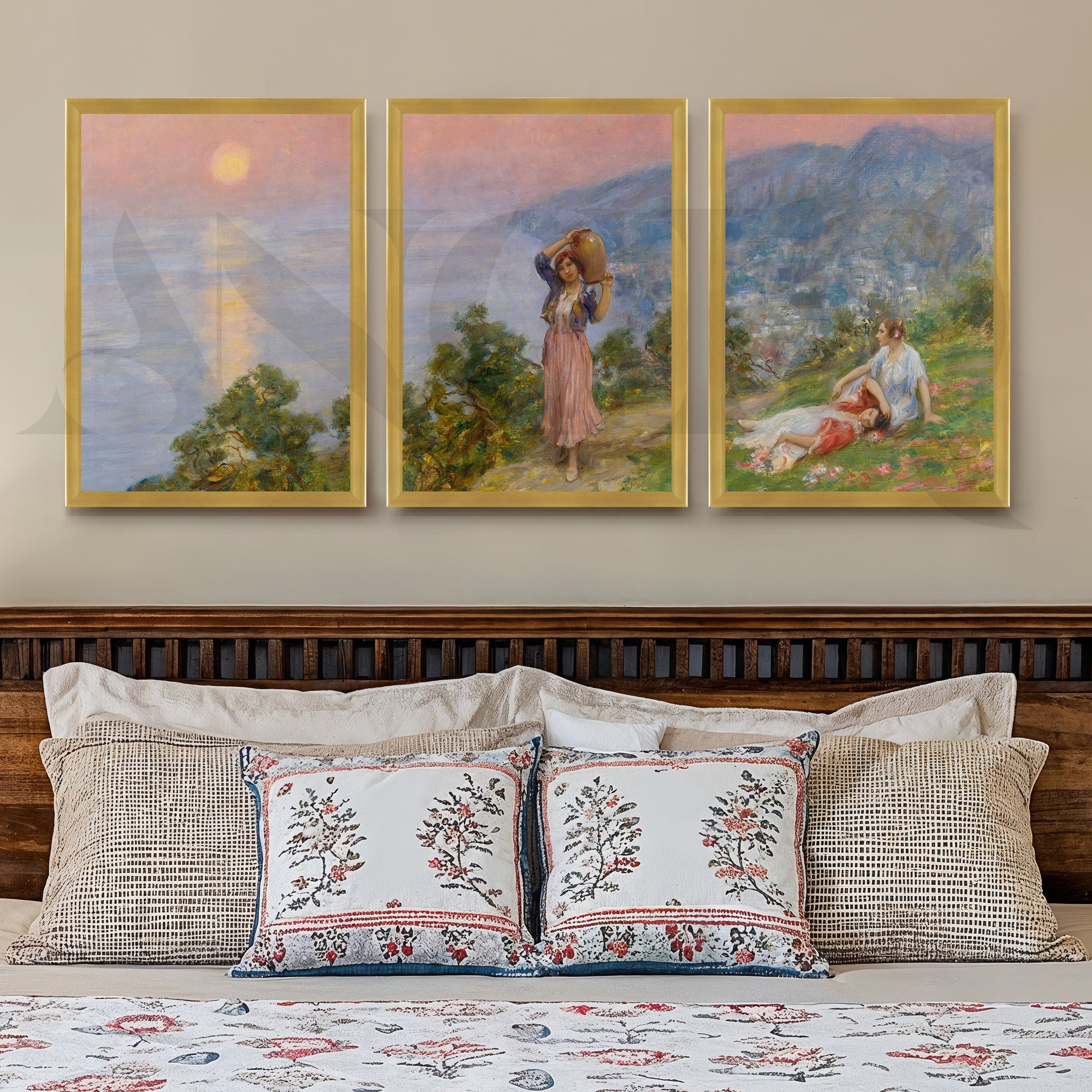 Pastoral Sunset Figures Gallery Wall – Set of 3 Impressionist Landscape Artworks - 18 x 24 Inches for Stylish Bedroom