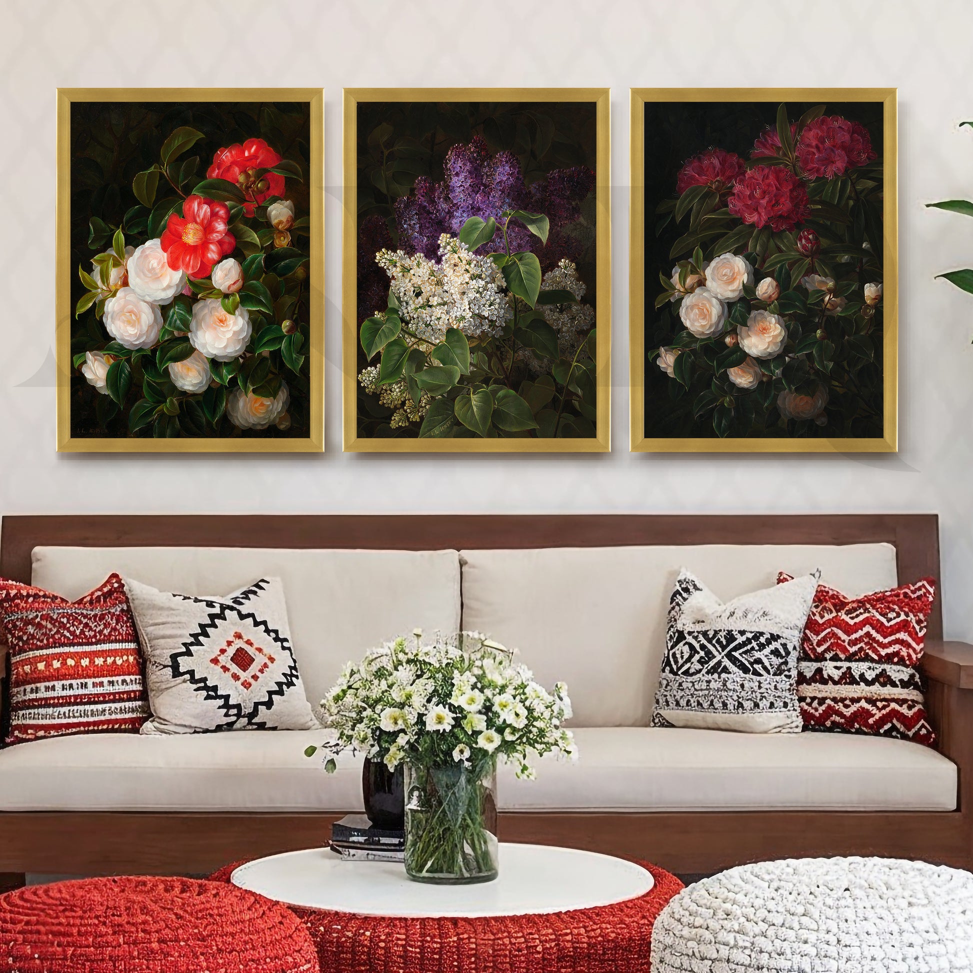Vintage Botanical Bouquet Gallery Wall – Set of 3 Classic Floral Artworks - 18 x 24 Inches for Living Room