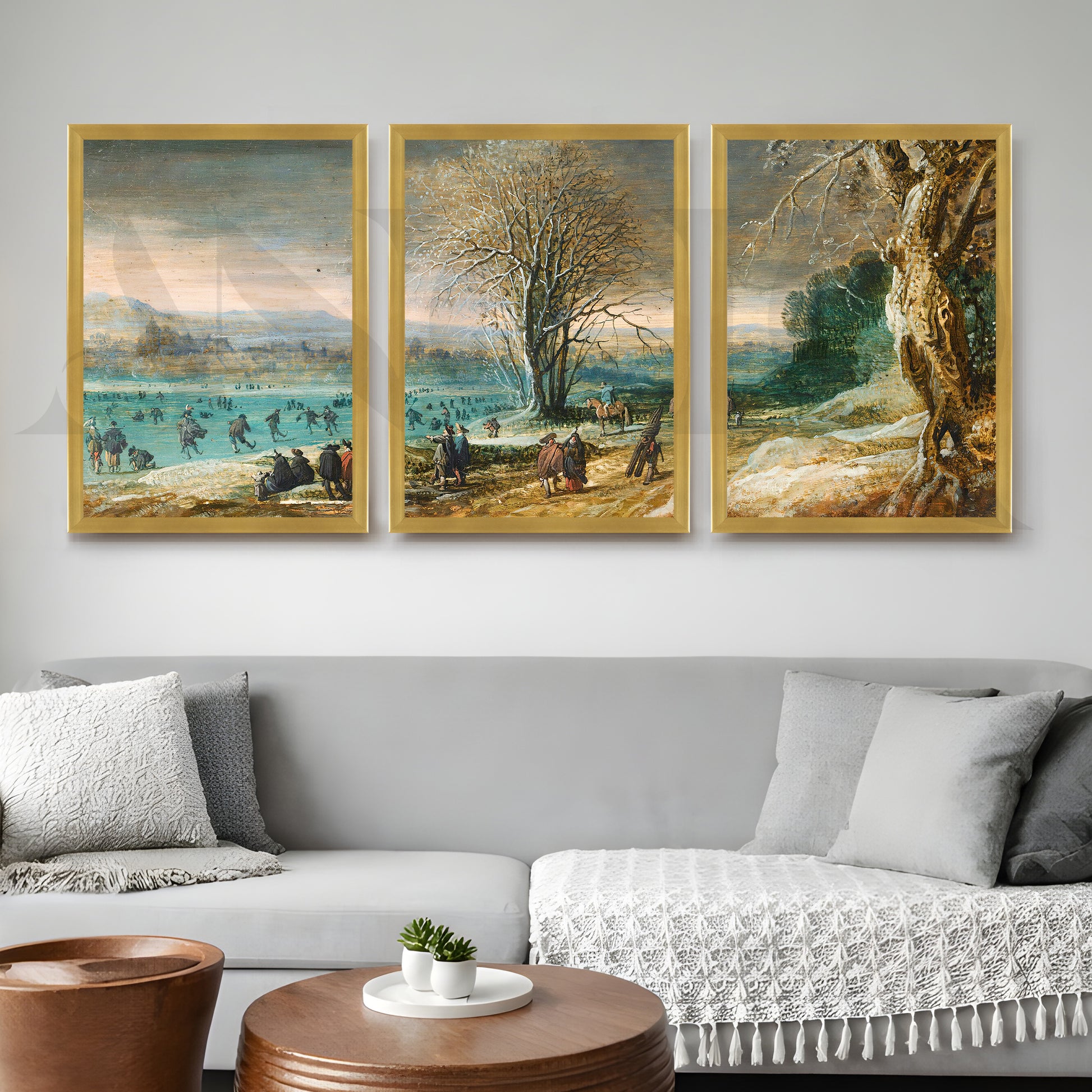 Winter Lakeside Life Gallery Wall – Set of 3 Classical European Landscape Artworks - 18 x 24 Inches for Living Room