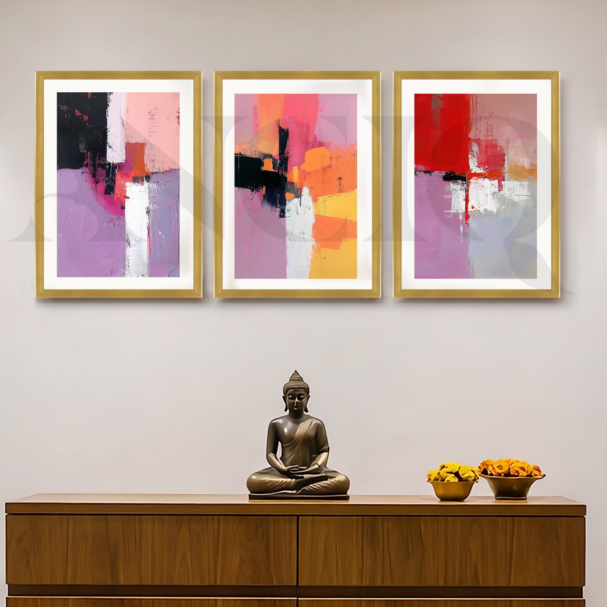 Blush & Crimson Abstract Gallery Wall – Set of 3 Contemporary Artworks - 18 x 24 Inches for Entryway/Hallway