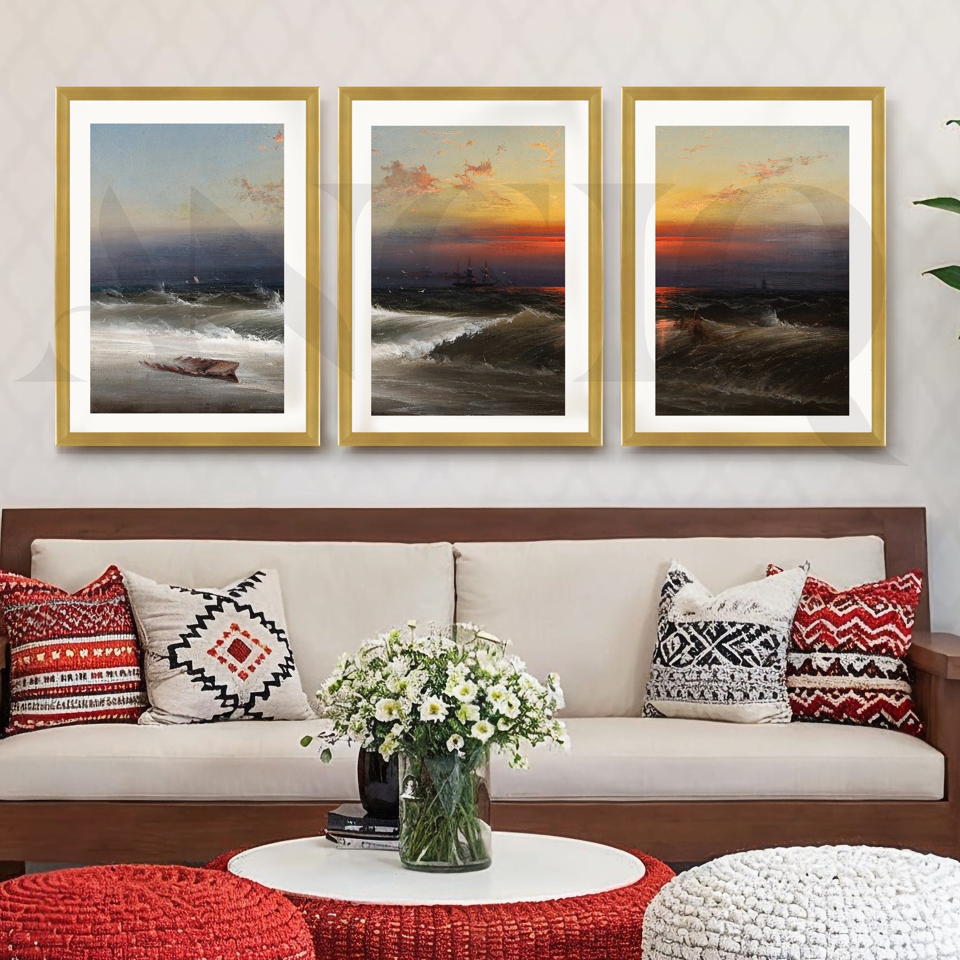 Dramatic Ocean Sunset Gallery Wall – Set of 3 Seascape Artworks - 18 x 24 Inches for Living Room