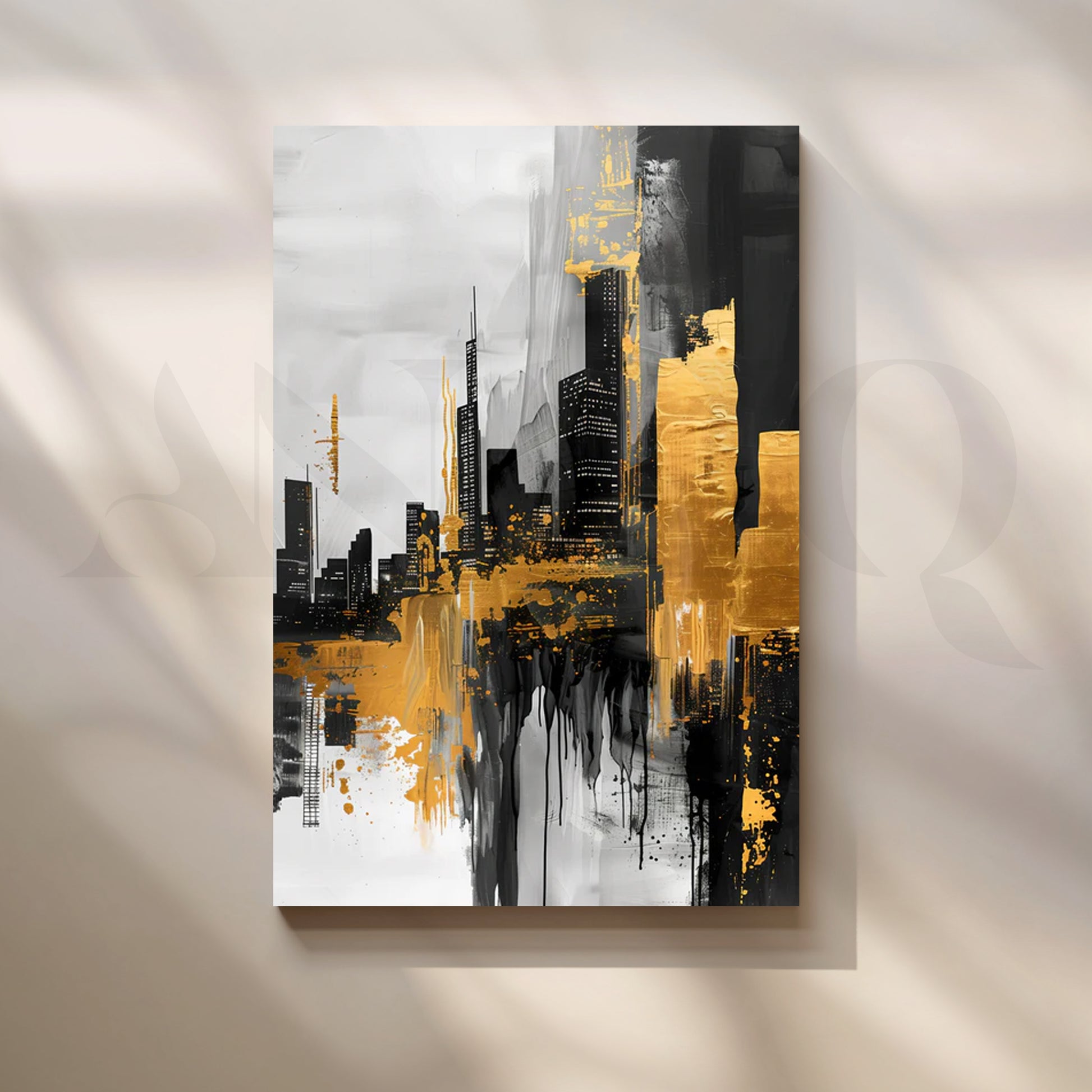 Golden Metropolis Canvas Painting for Entryway