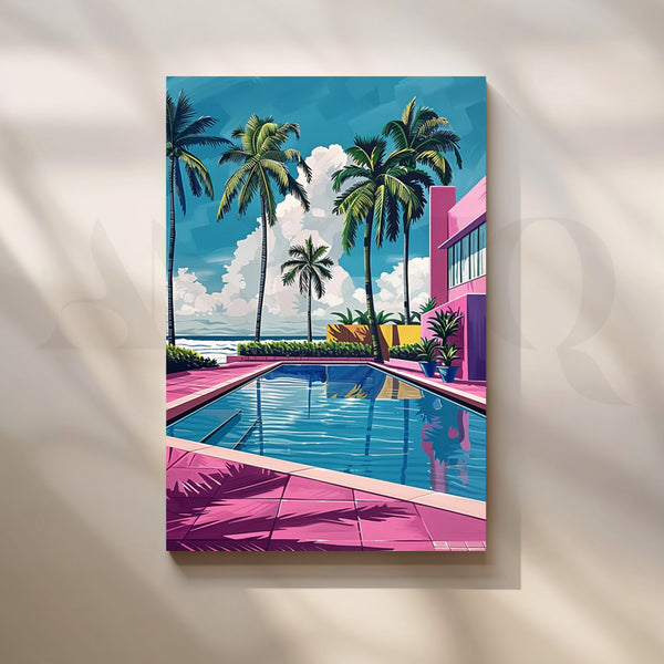 Miami Pool Club Neon Pop-Art Canvas – Tropical Palm Courtyard by the Sea