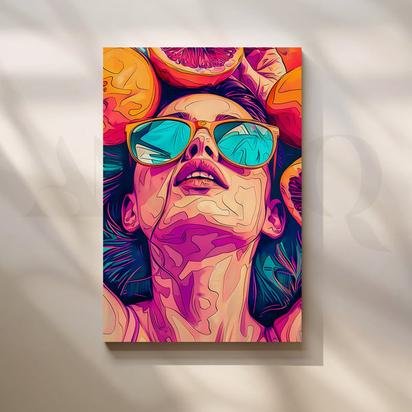 Citrus Daydream Neon Pop-Art Canvas – Sun-Drenched Portrait with Sunglasses & Oranges