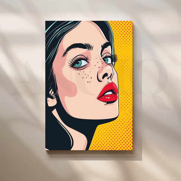 Pop Muse Pop-Art Canvas – Freckled Beauty with Red Lips on Yellow Halftone