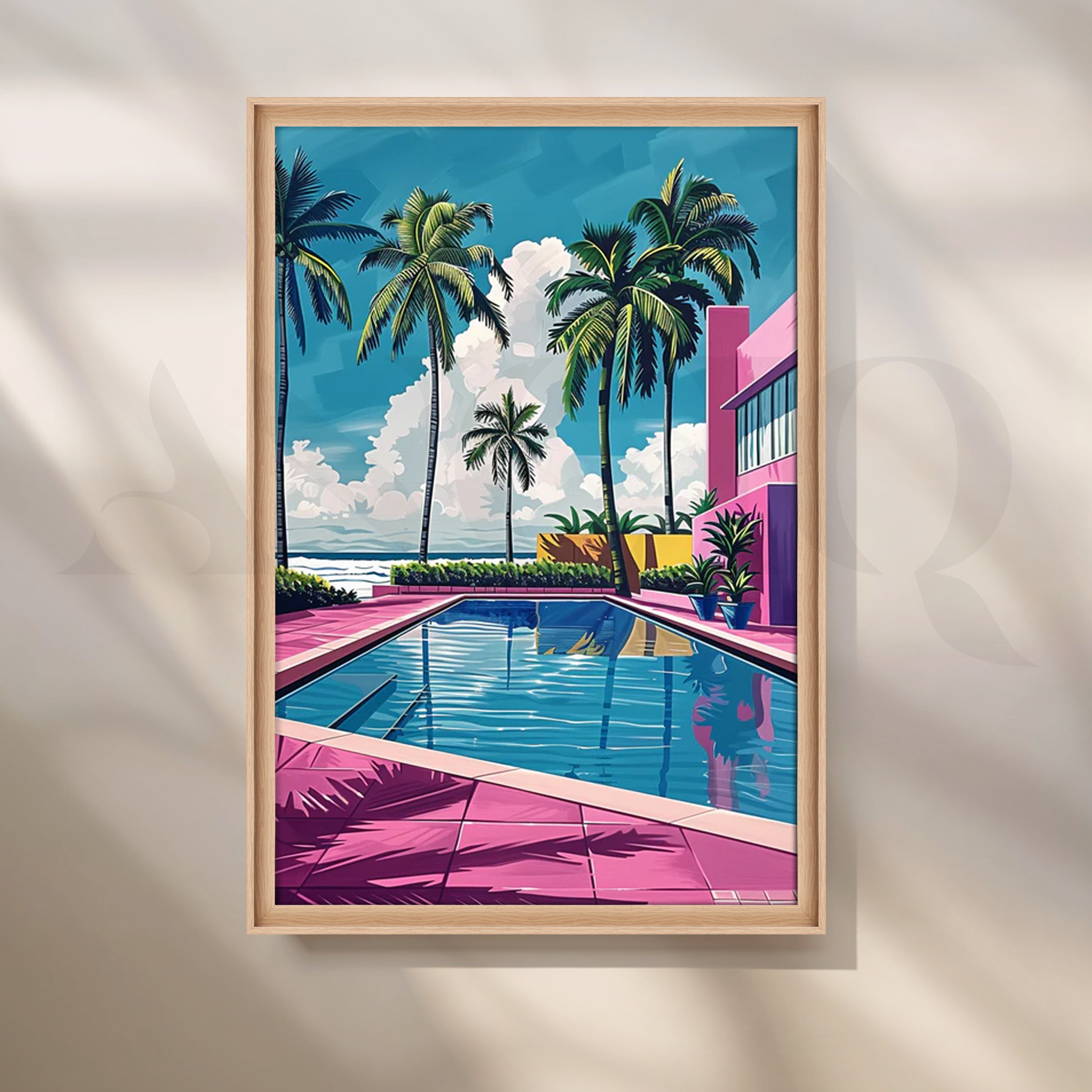 Miami Pool Club Neon Pop-Art Canvas – Tropical Palm Courtyard by the S