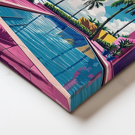 Miami Pool Club Neon Pop-Art Canvas – Tropical Palm Courtyard by the Sea