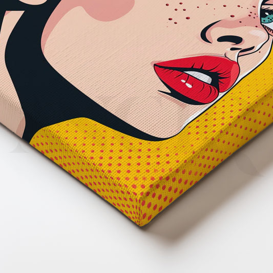 Pop Muse Pop-Art Canvas – Freckled Beauty with Red Lips on Yellow Halftone