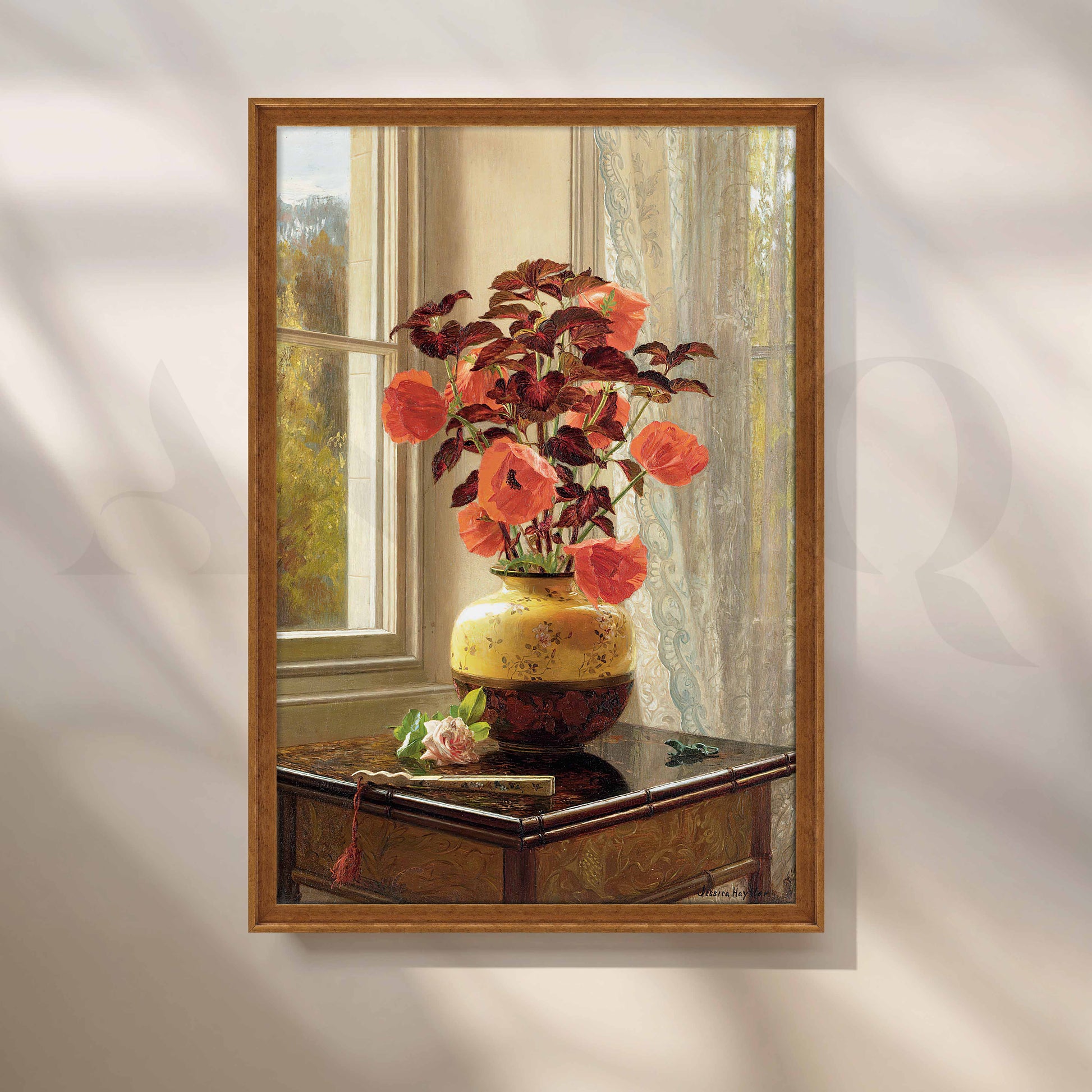 Vintage Poppy Vase by Window Canvas Artwork for Stylish Bedroom
