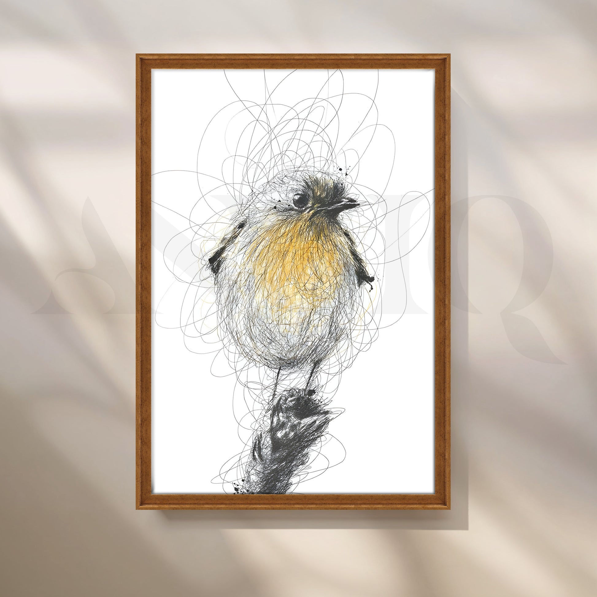 Yellow Songbird Sketch Canvas Artwork for Stylish Bedroom