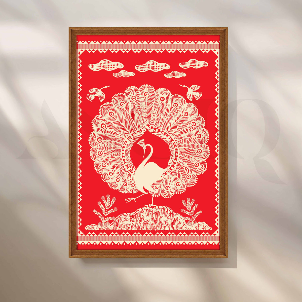 Warli Peacock Canvas Artwork with Vitage Ember Frame Style