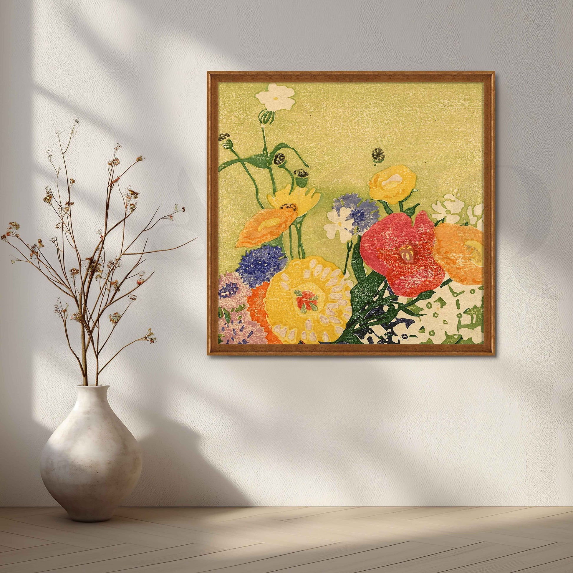 Modern Floral Block Print Canvas Artwork for Stylish Bedroom