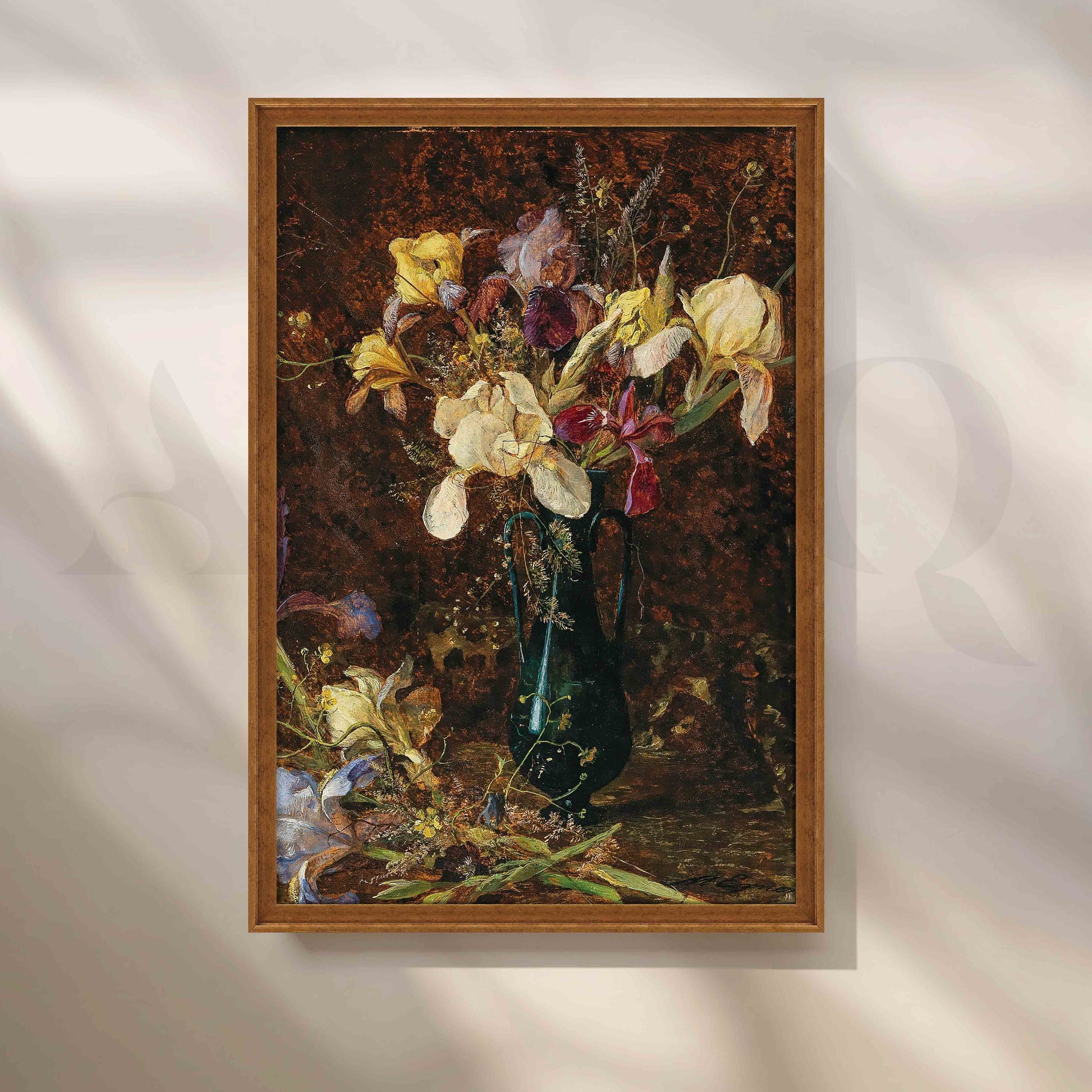 Vintage Iris Bouquet in Dark Vase Canvas Artwork for Entryway/Hallway