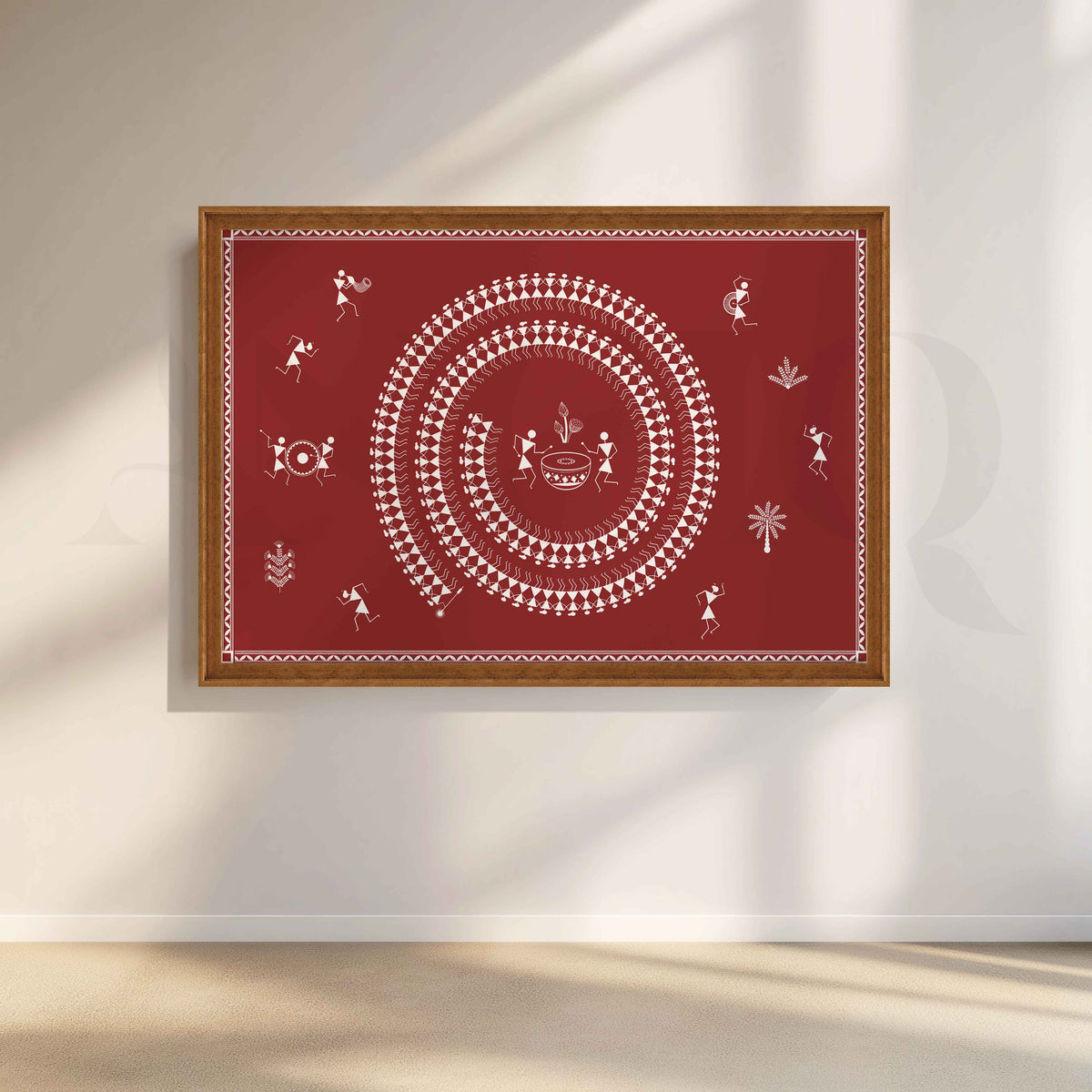 Warli Tribal Celebration Canvas Artwork with Vitage Ember Frame Style