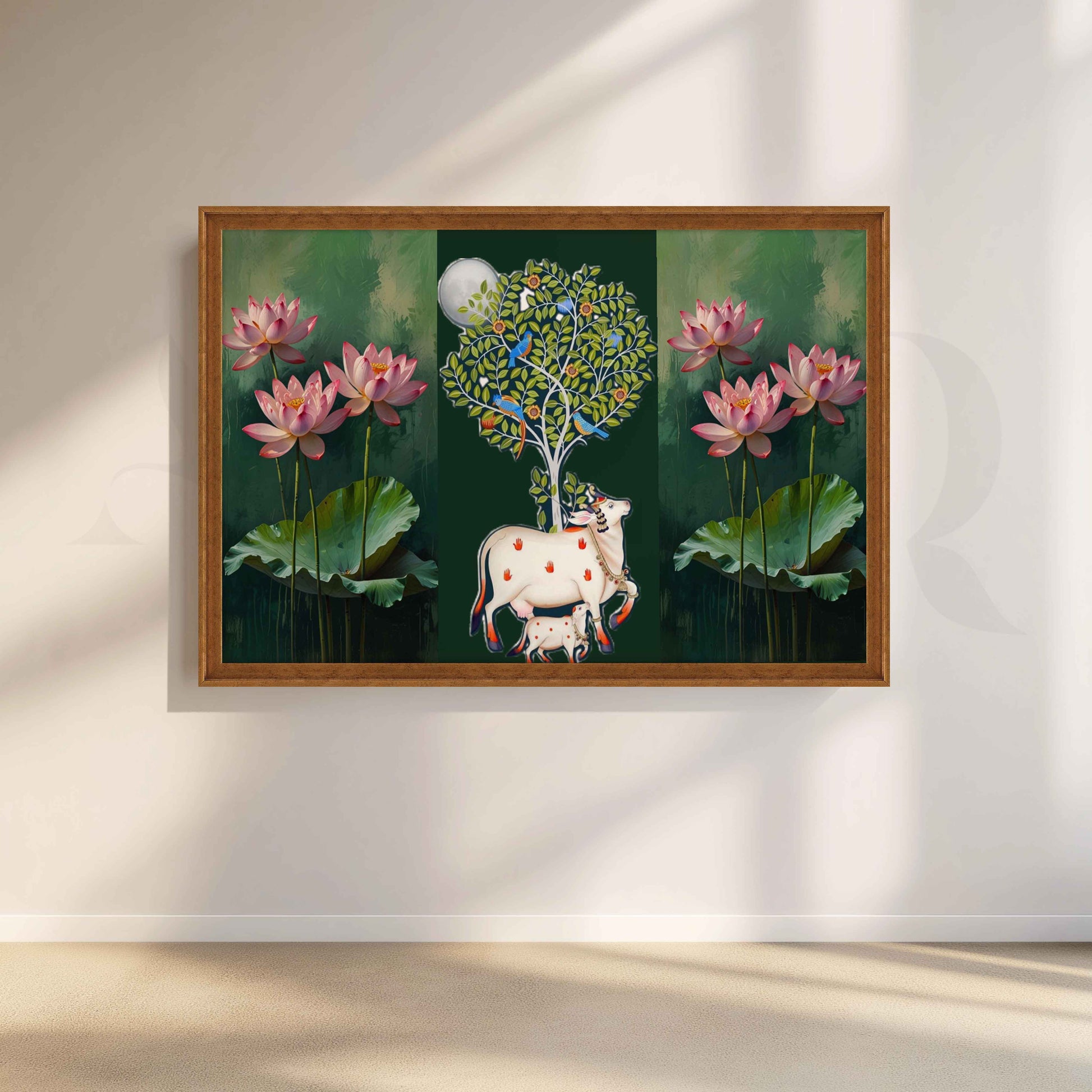 Lotus and Sacred Cow Botanical Canvas Artwork for Stylish Bedroom