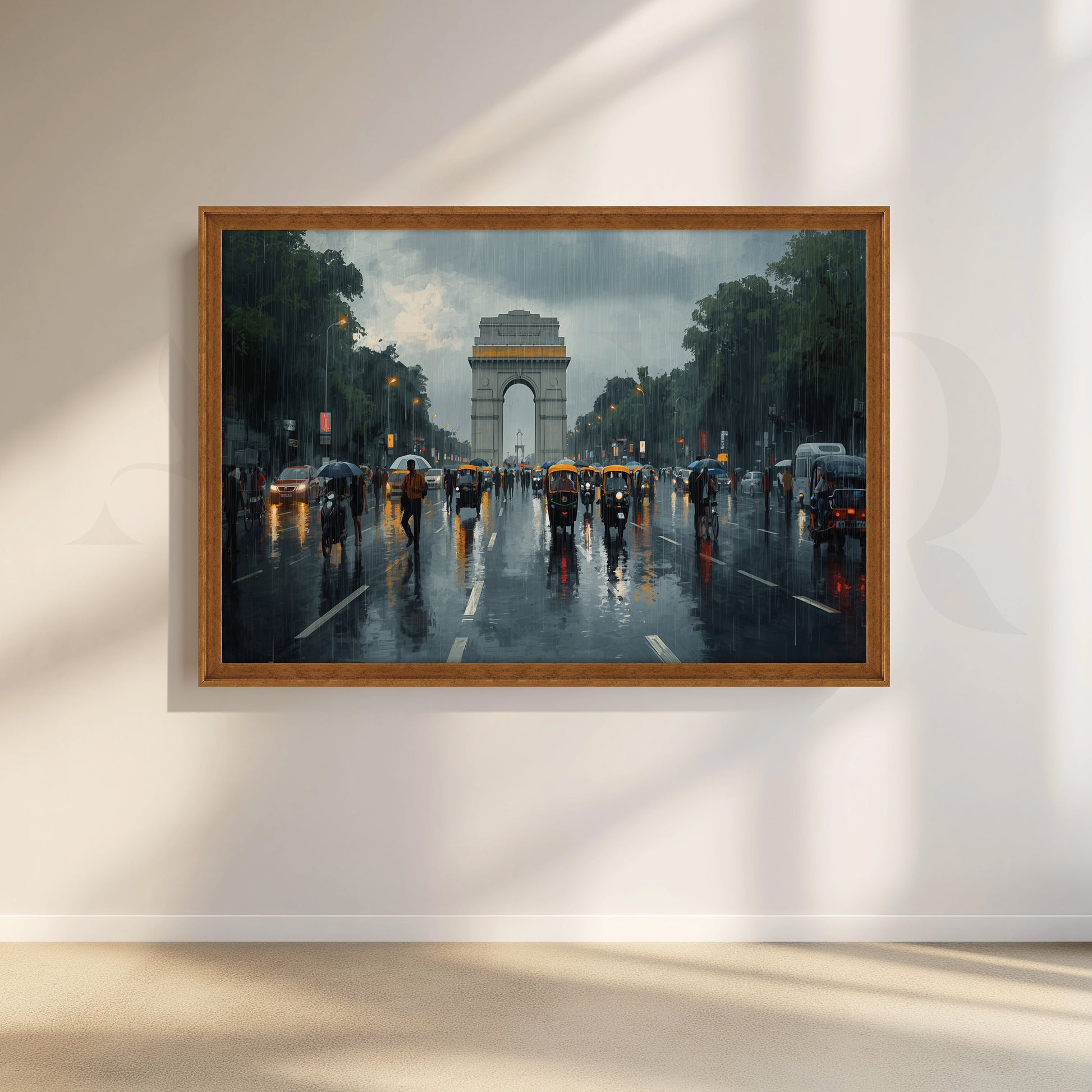 Rainy India Gate Street Canvas Artwork for Living Room