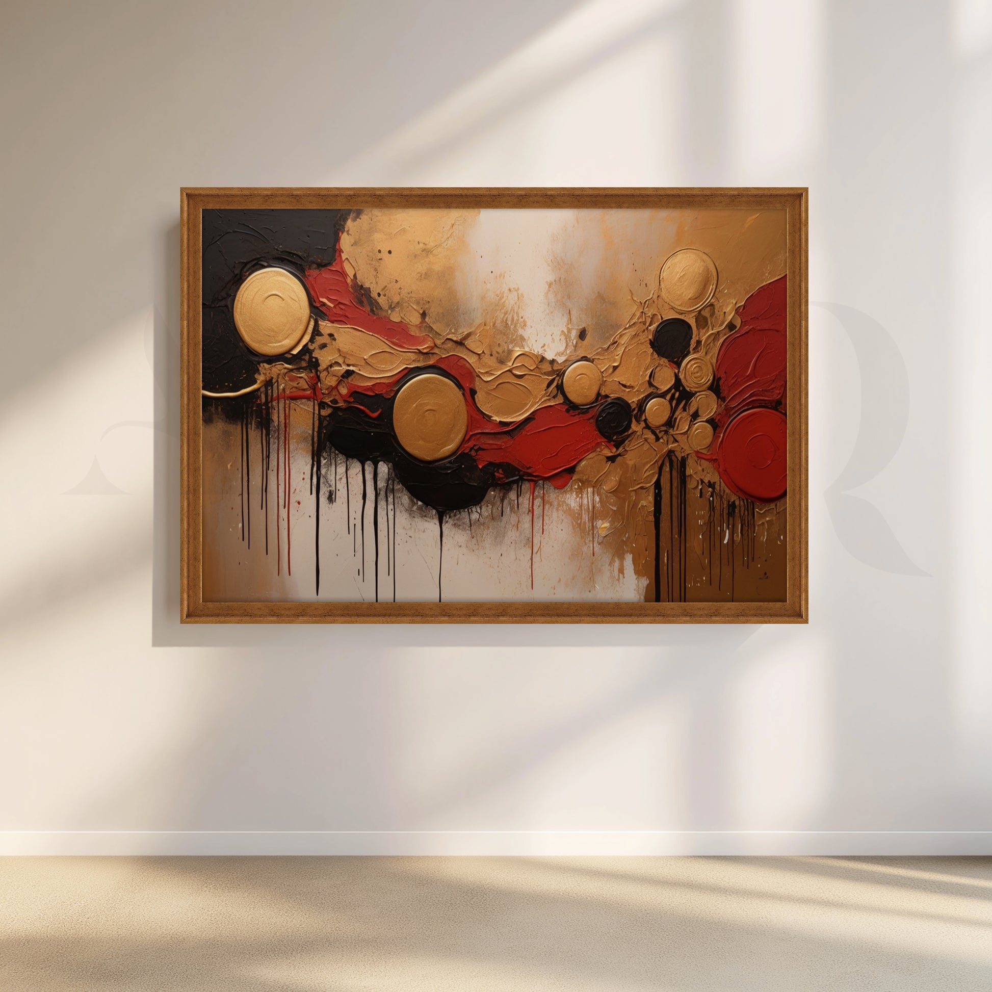 Premium Gold & Red Abstract Textured Canvas for Living Room
