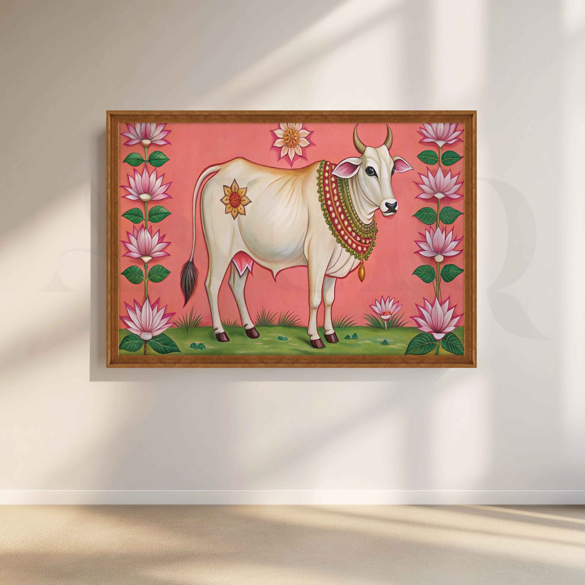 Lotus Framed Sacred Cow Canvas Artwork for Stylish Bedroom