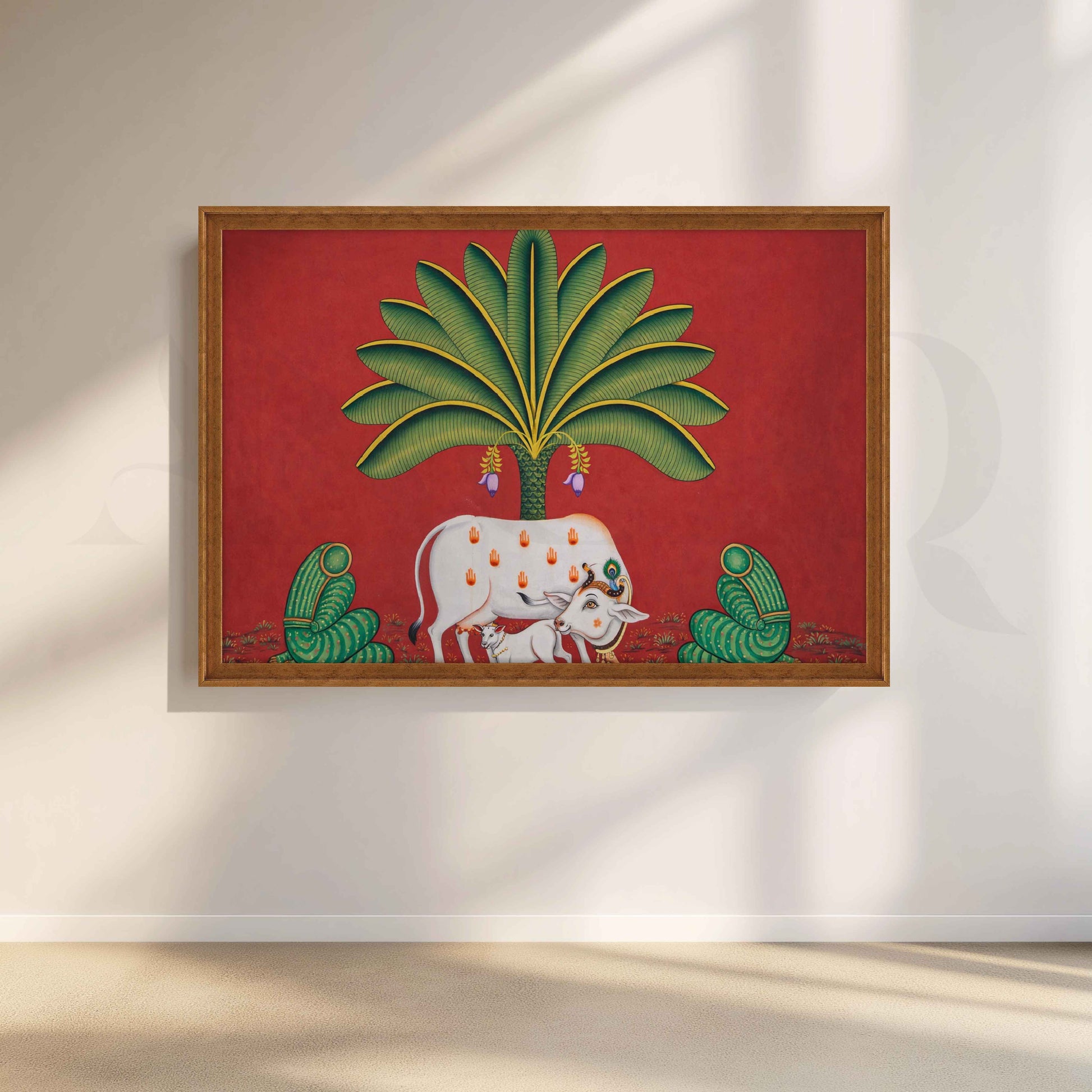 Sacred Cow Under Palm Tree Canvas Artwork for Living Room
