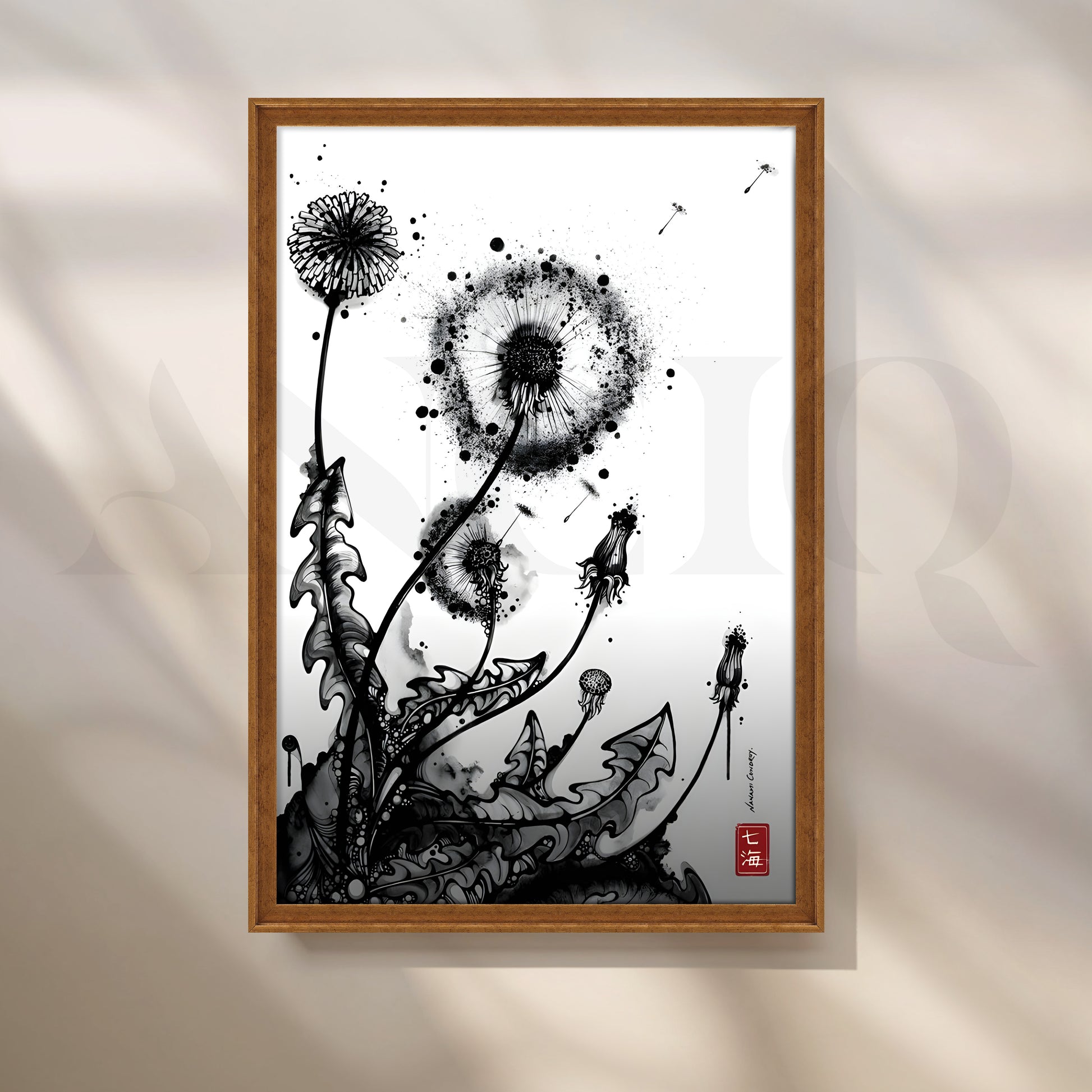 Monochrome Dandelion Ink Botanical Artwork for Living Room