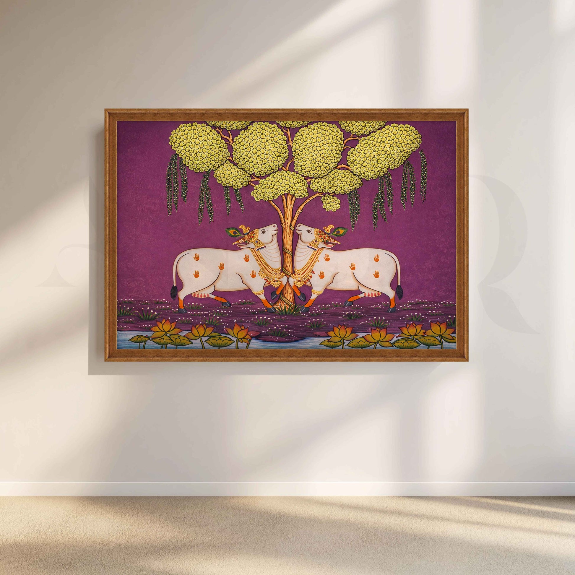 Twin Sacred Cows Under Tree Canvas Artwork for Living Room