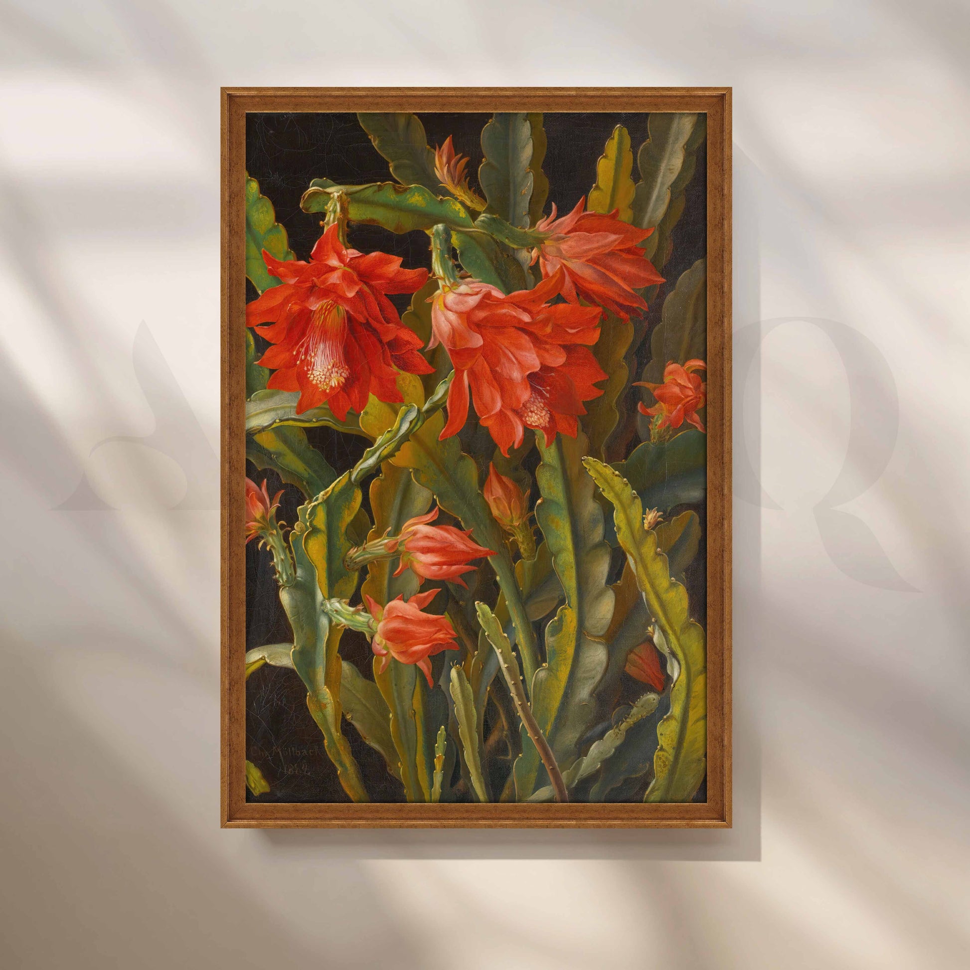 Vintage Red Cactus Bloom Canvas Artwork for Entryway/Hallway