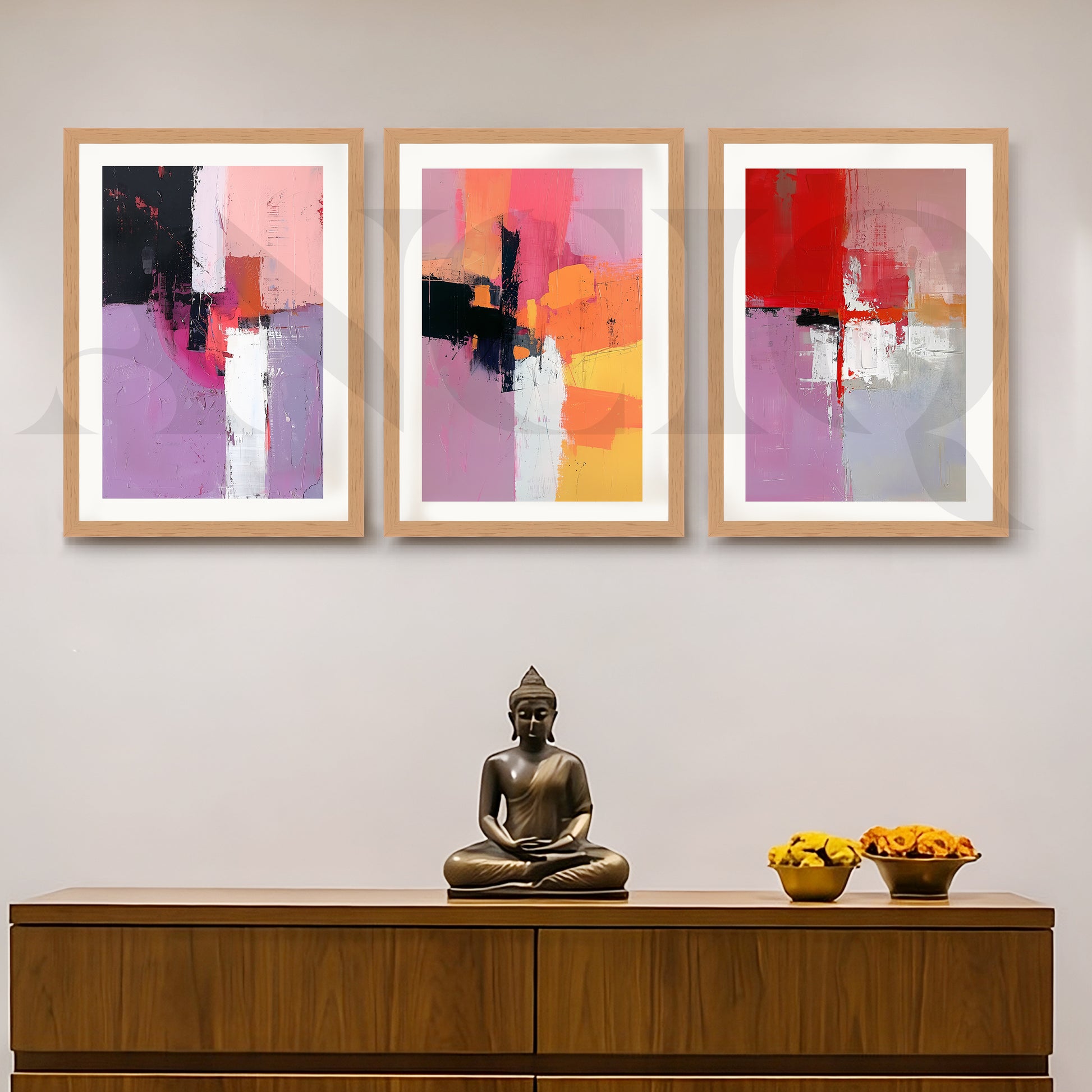 Blush & Crimson Abstract Gallery Wall – Set of 3 Contemporary Artworks - 18 x 24 Inches for Entryway/Hallway