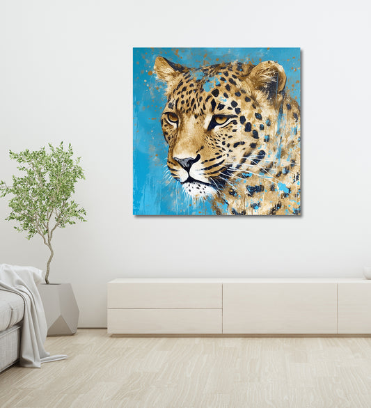 A Breathtaking Depiction of a Leopard on a Vibrant Blue Background