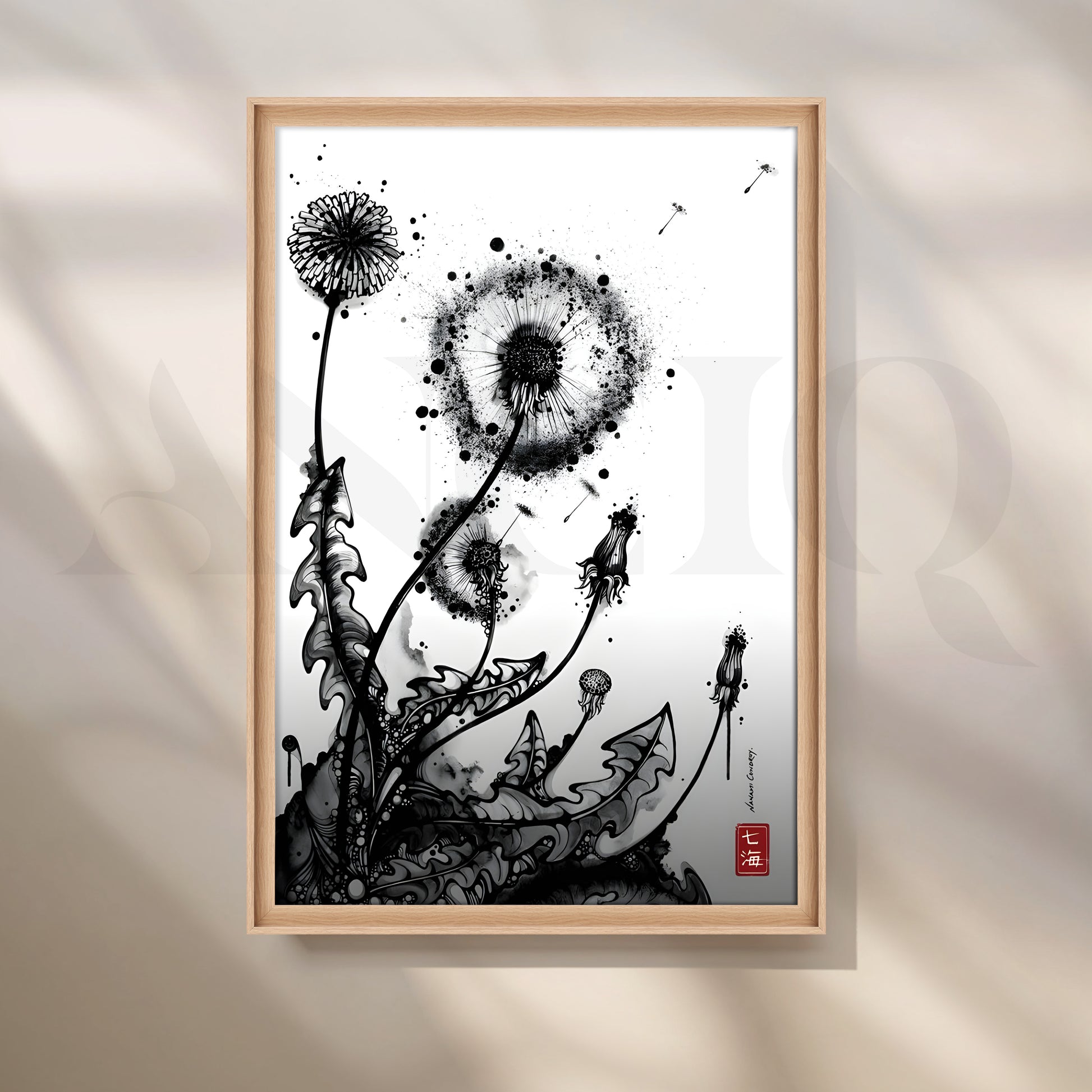 Monochrome Dandelion Ink Botanical Artwork for Living Room