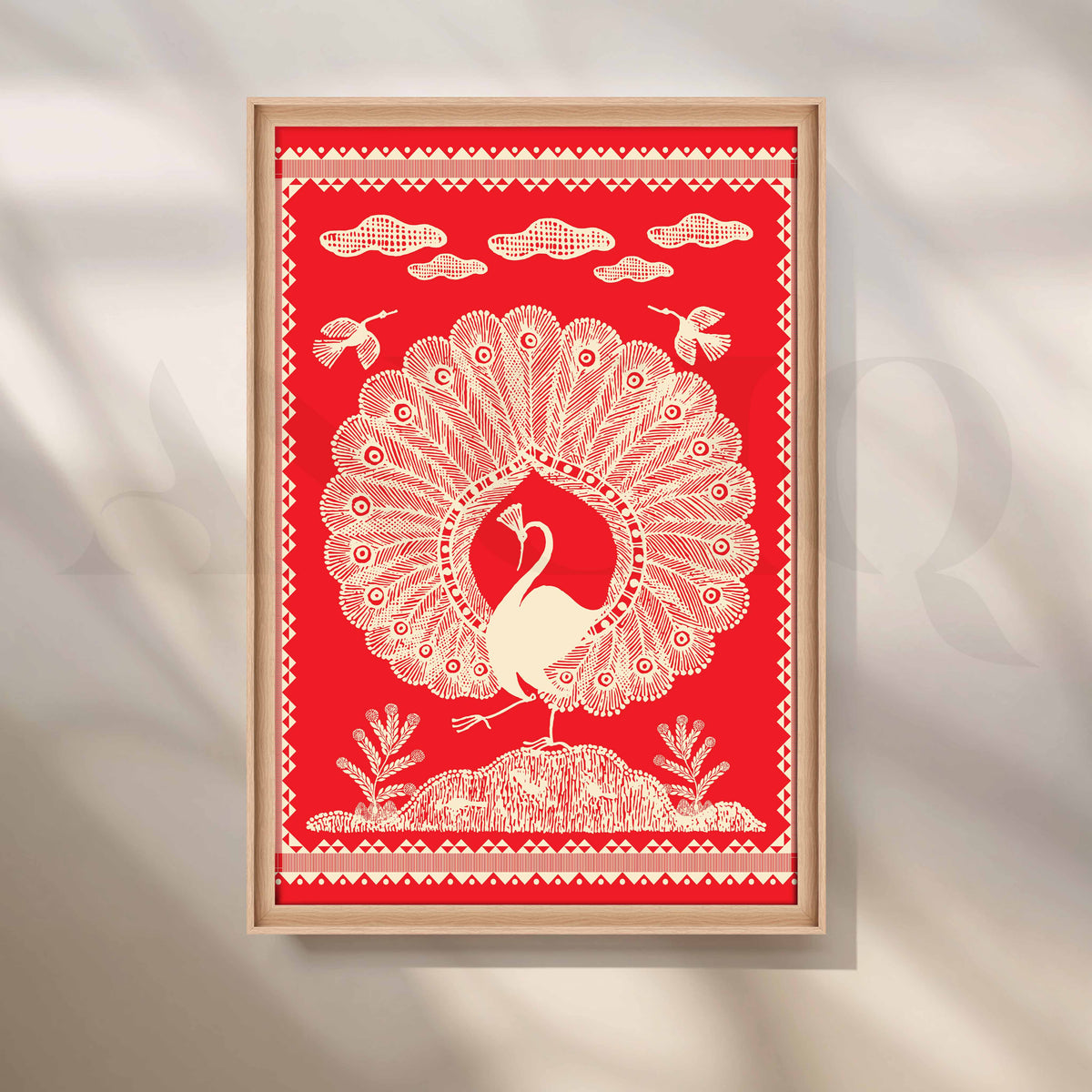 Warli Peacock Canvas Artwork with Nordic Float Frame Style