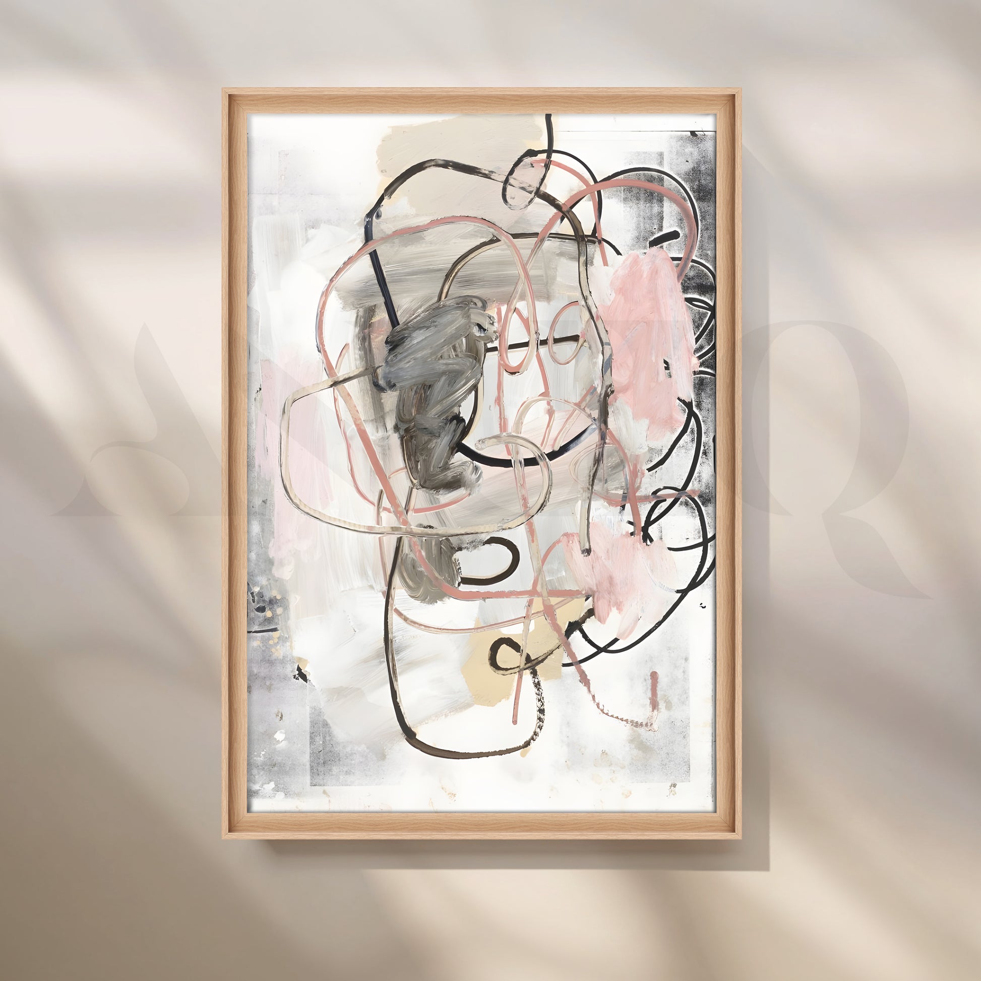 Soft Blush and Grey Abstract Canvas Artwork for Stylish Bedroom