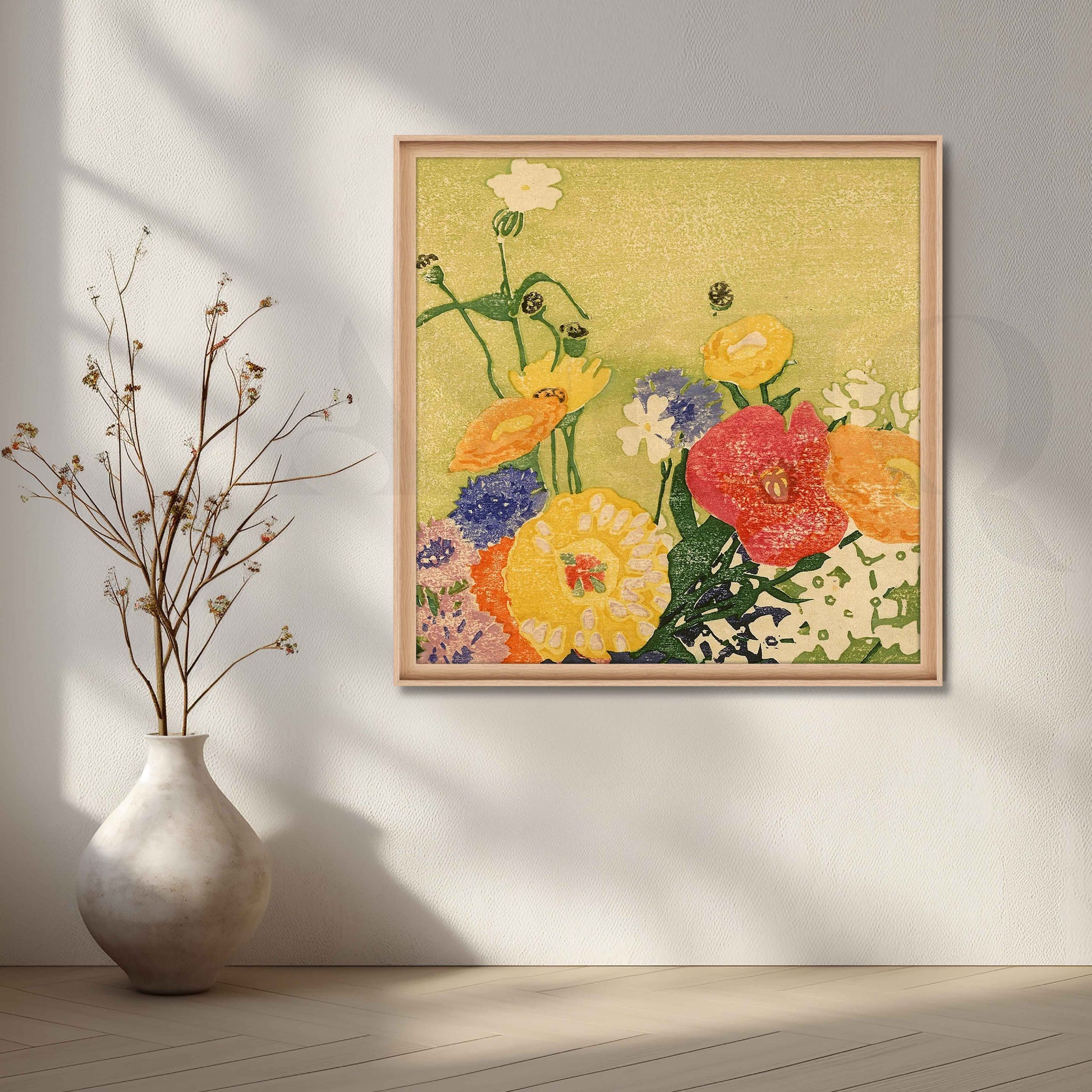 Modern Floral Block Print Canvas Artwork for Stylish Bedroom