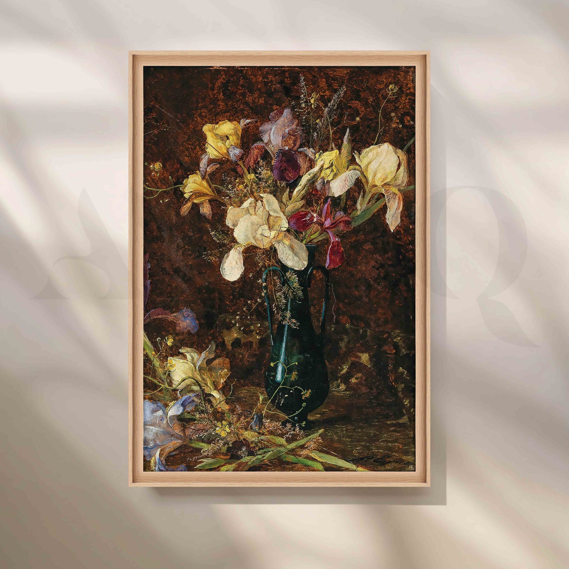 Vintage Iris Bouquet in Dark Vase Canvas Artwork for Entryway/Hallway