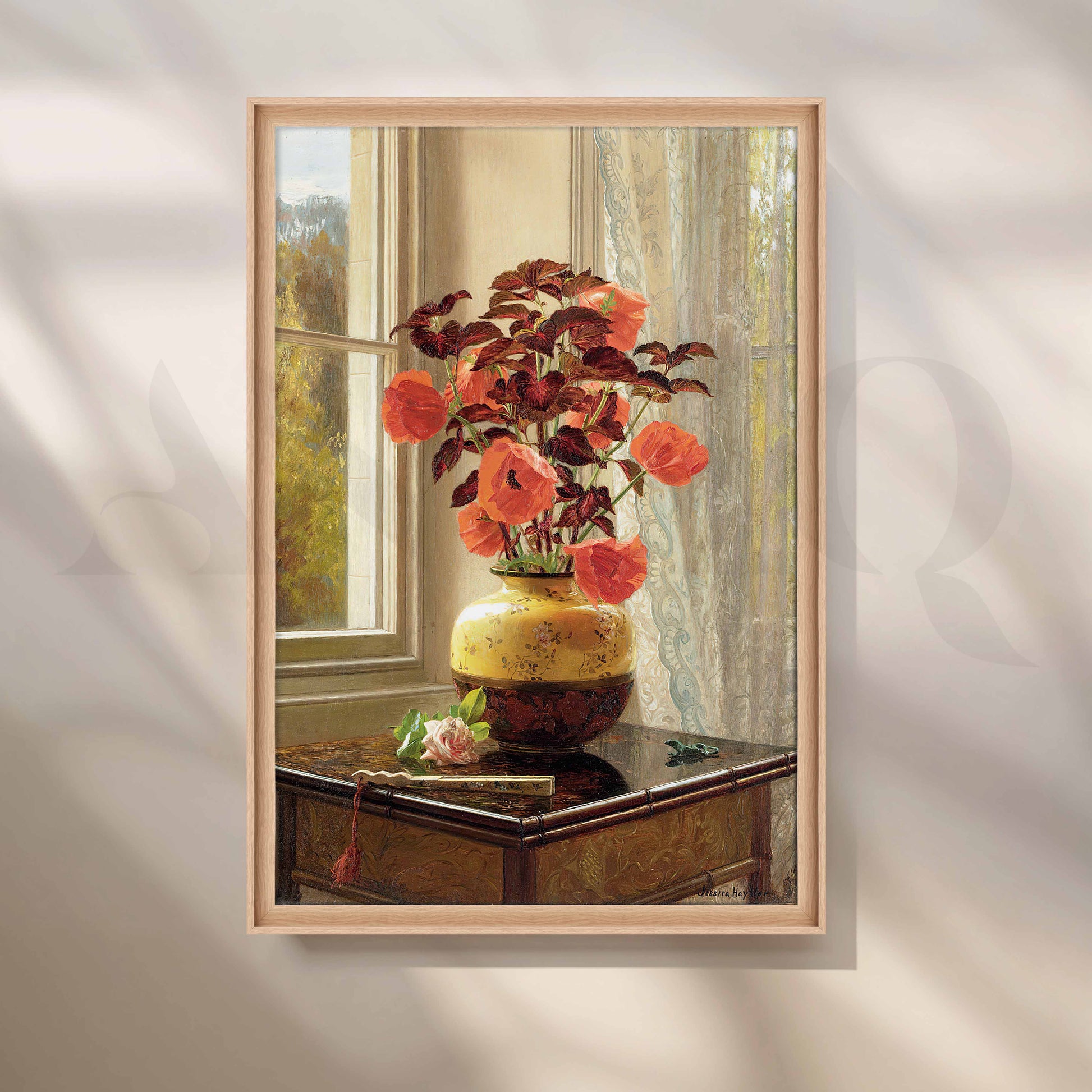 Vintage Poppy Vase by Window Canvas Artwork for Stylish Bedroom