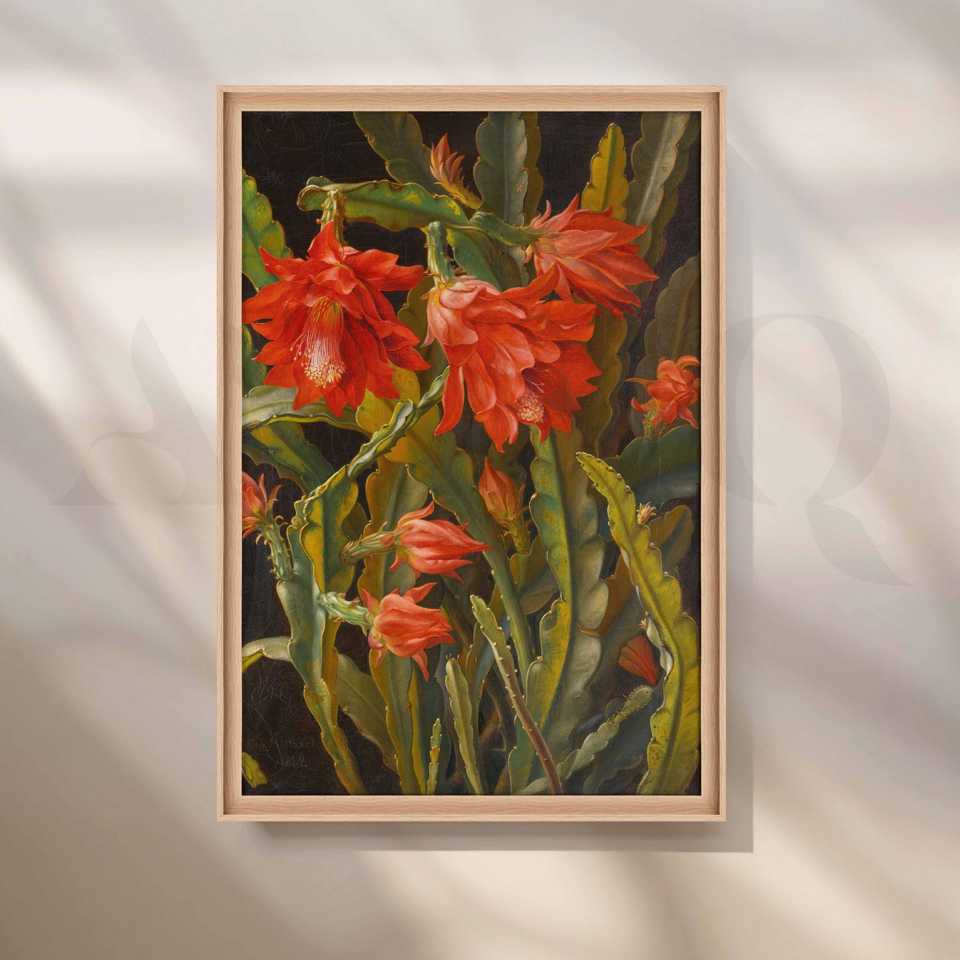 Vintage Red Cactus Bloom Canvas Artwork for Entryway/Hallway