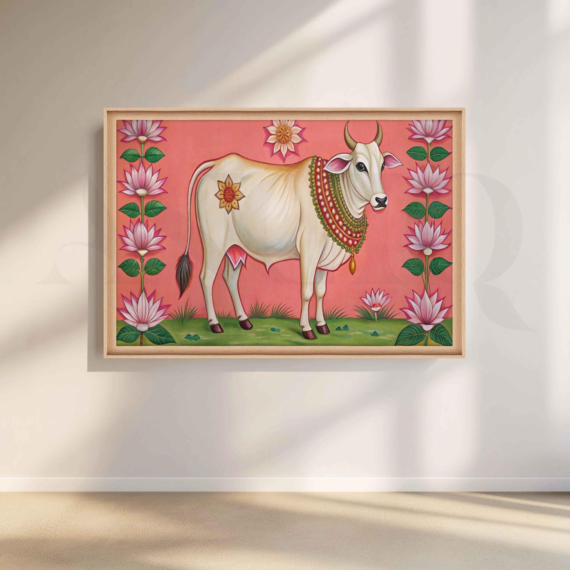 Lotus Framed Sacred Cow Canvas Artwork for Stylish Bedroom