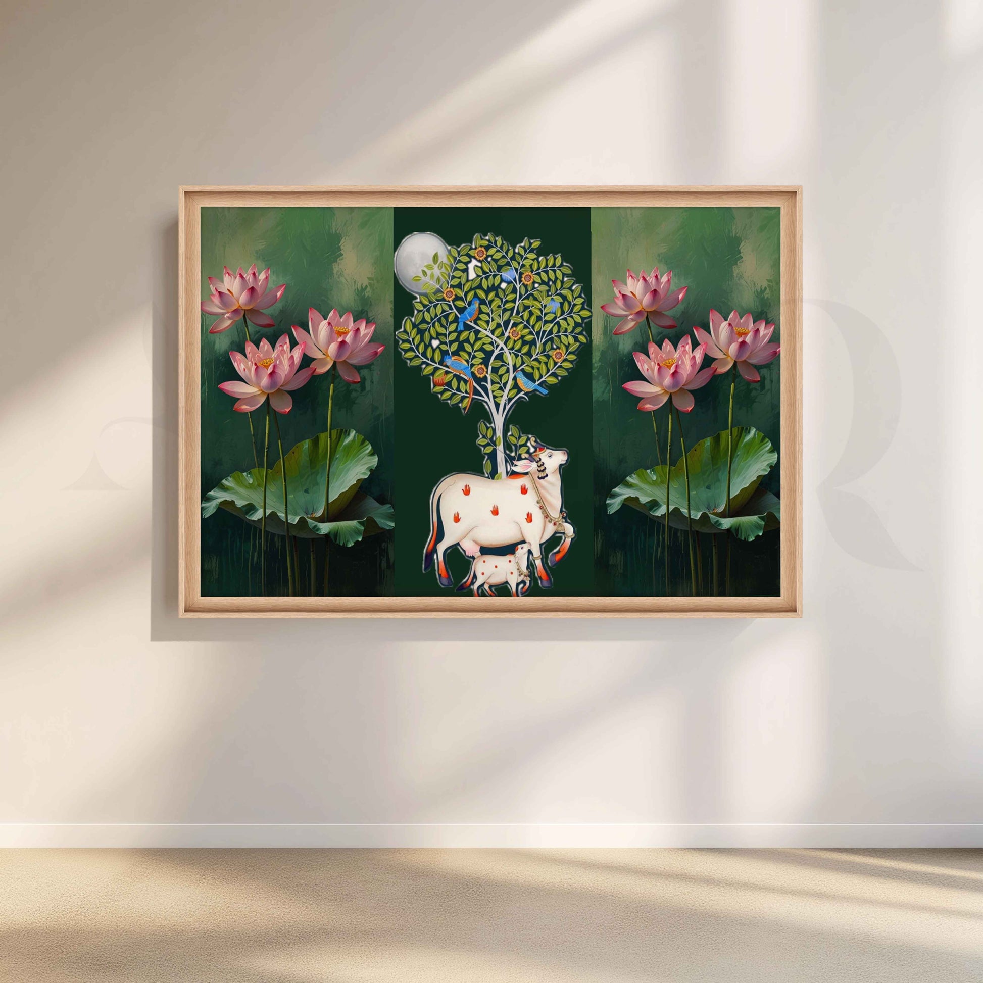 Lotus and Sacred Cow Botanical Canvas Artwork for Stylish Bedroom