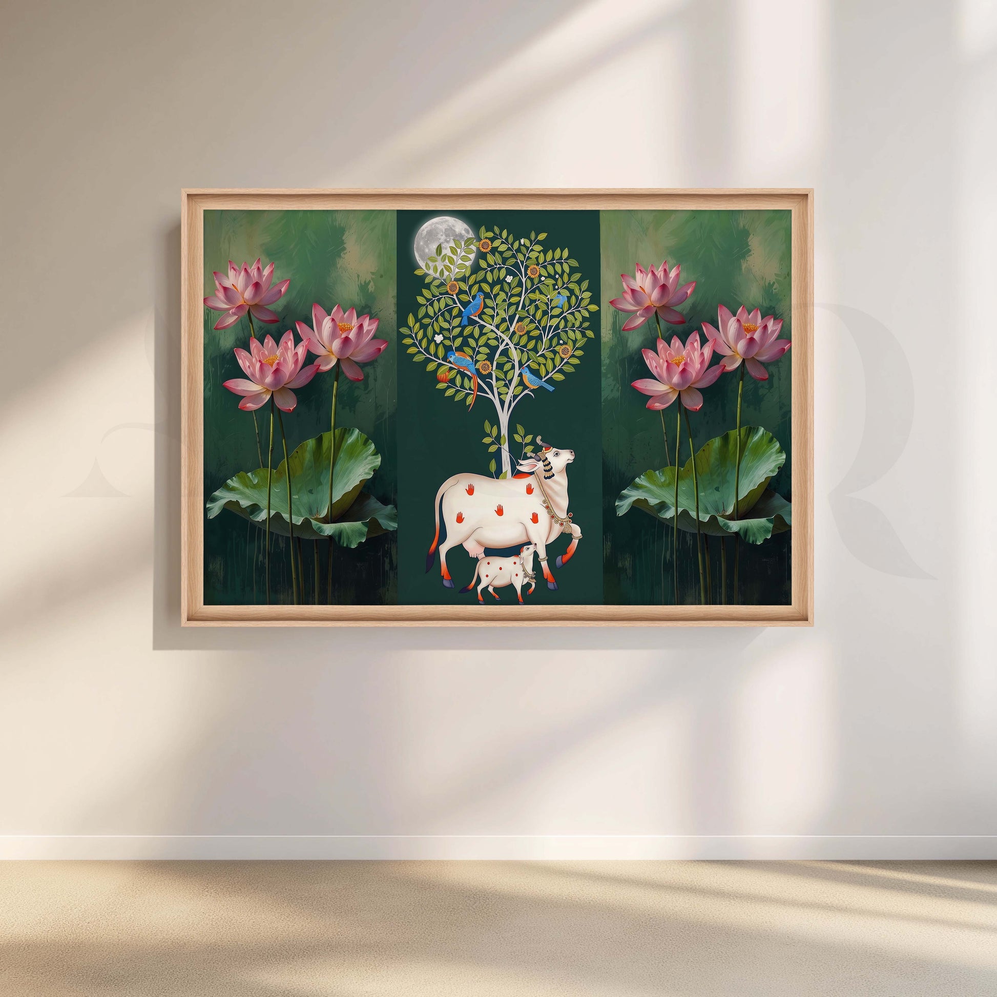 Lotus and Sacred Cow Botanical Canvas Artwork with Nordic Float Frame Style