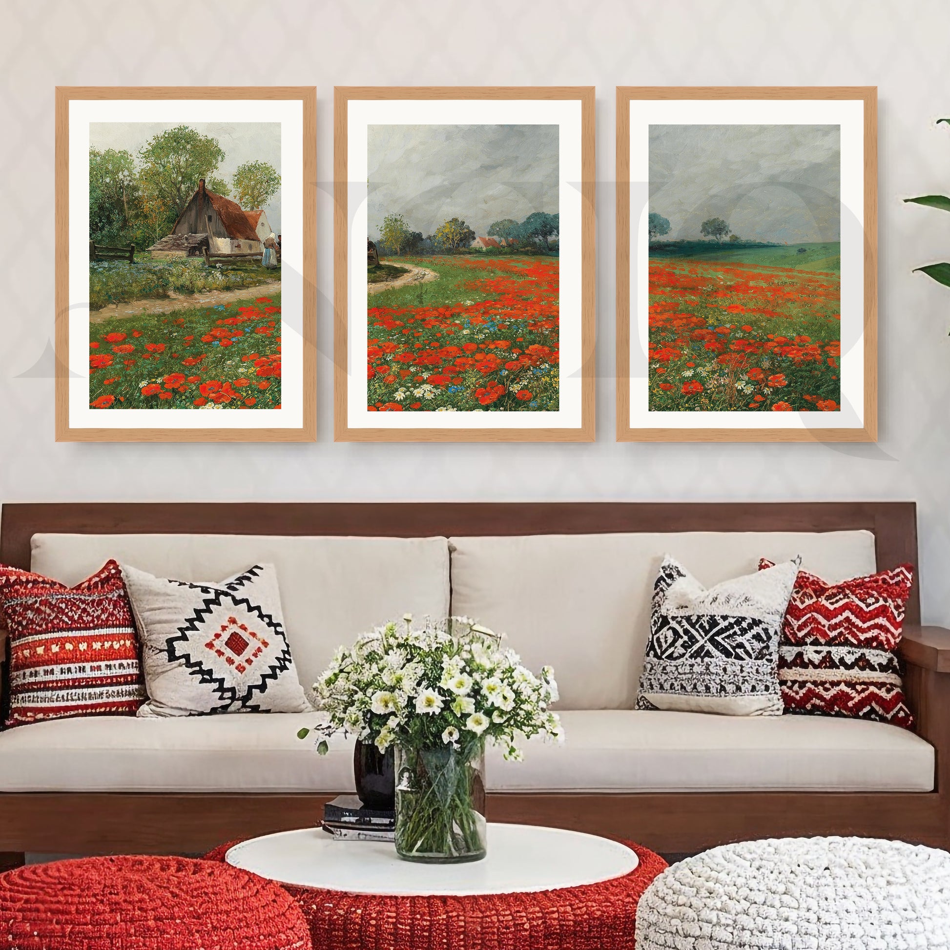 Rustic Poppy Field Landscape Gallery Wall – Set of 3 Impressionist Artworks - 18 x 24 Inches for Living Room