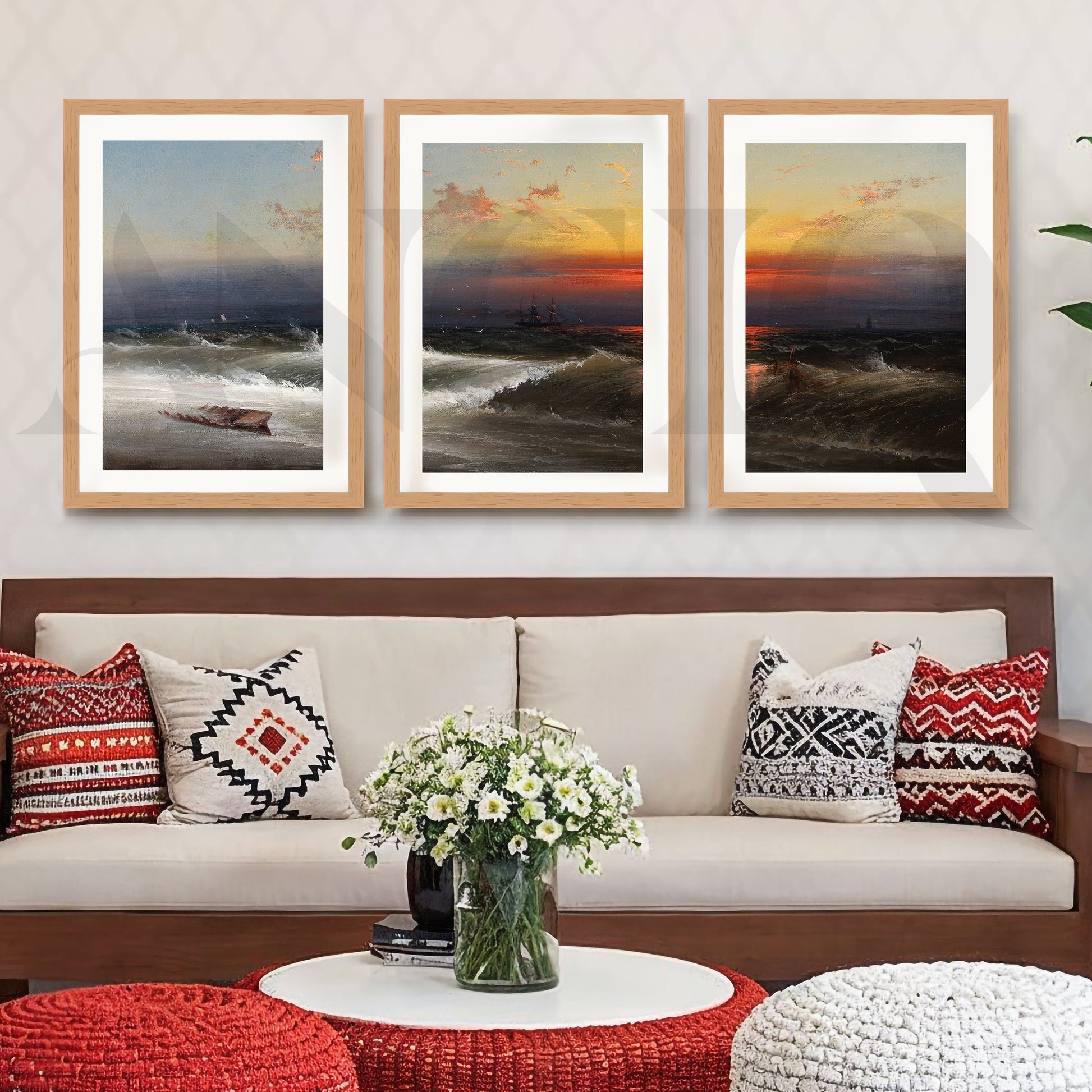 Dramatic Ocean Sunset Gallery Wall – Set of 3 Seascape Artworks - 18 x 24 Inches for Living Room