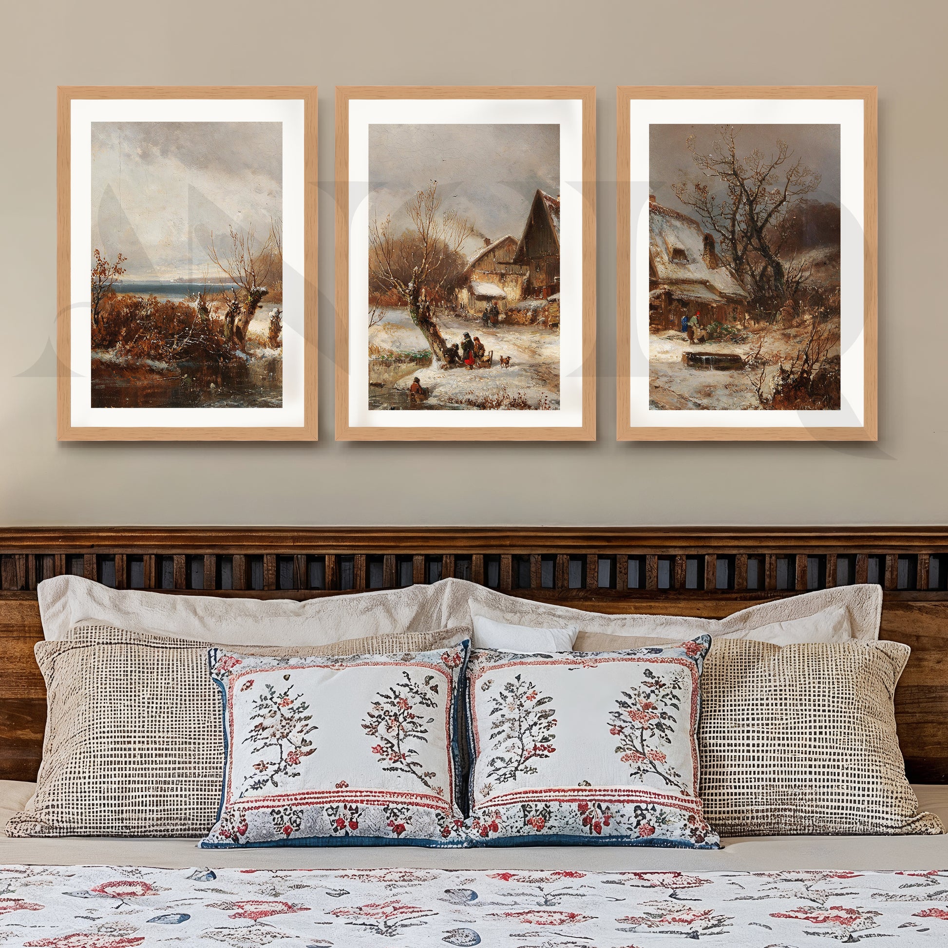 Winter Village Countryside Gallery Wall – Set of 3 Vintage Landscape Artworks - 18 x 24 Inches for Stylish Bedroom