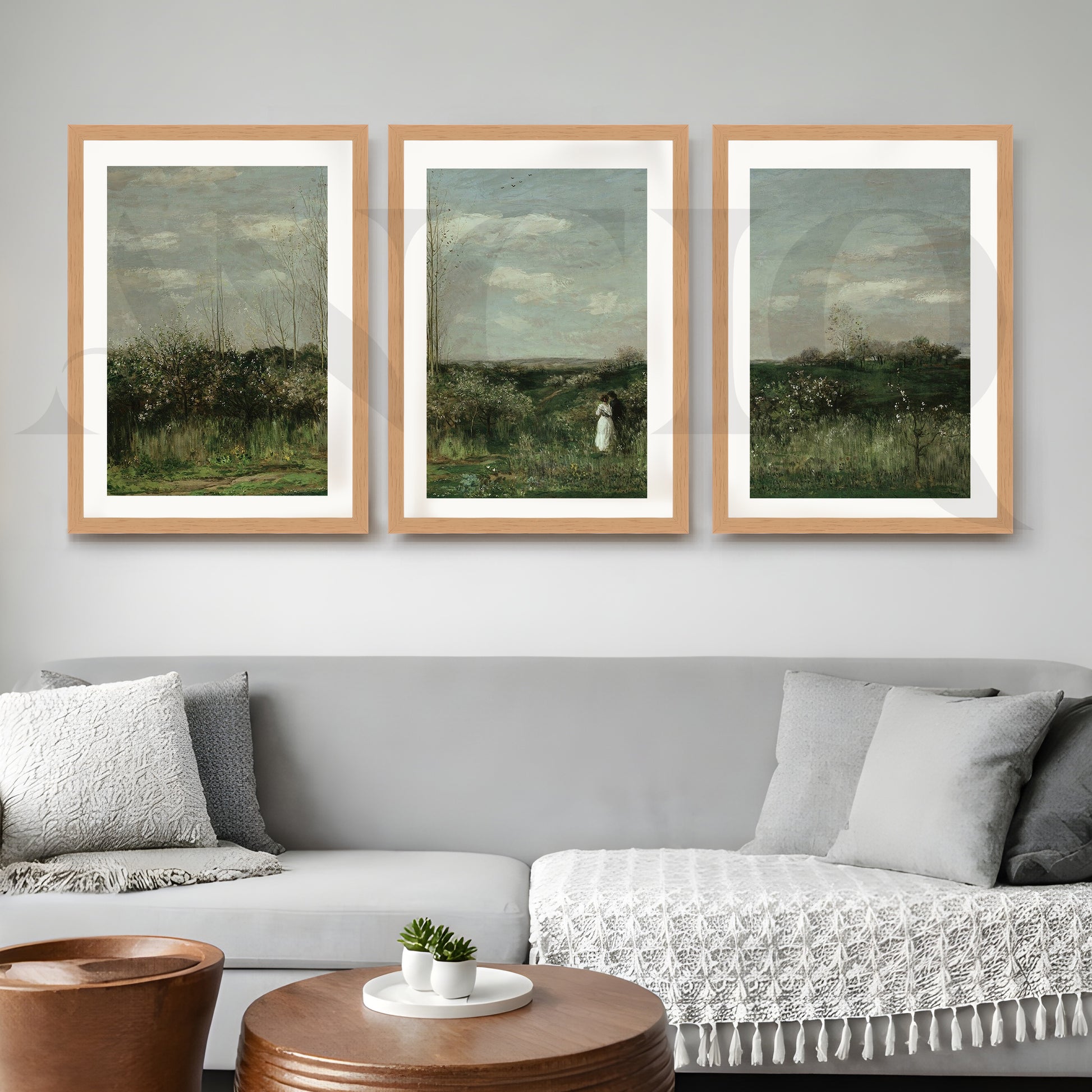 Serene Countryside Meadow Gallery Wall – Set of 3 Classic Landscape Artworks - 18 x 24 Inches for Living Room