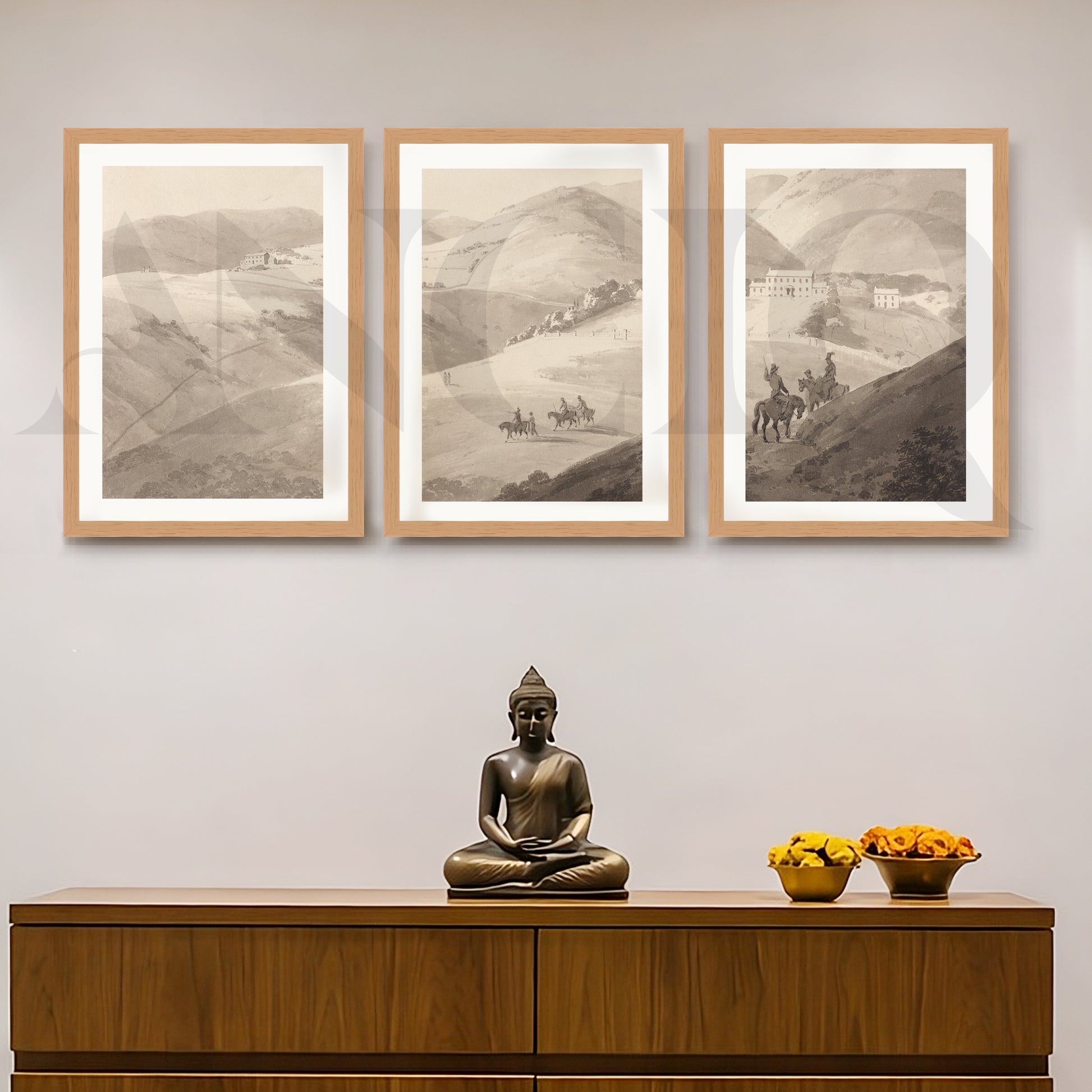Timeless Countryside Sketch Gallery Wall – Set of 3 Monochrome Landscape Artworks - 18 x 24 Inches for Entryway/Hallway