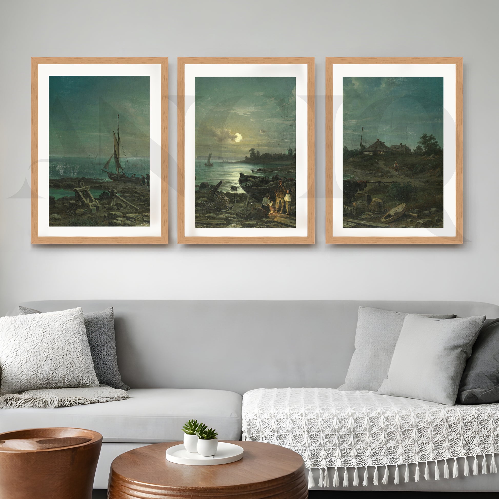 Moonlit Coastal Harbor Gallery Wall – Set of 3 Vintage Maritime Artworks - 18 x 24 Inches for Living Room