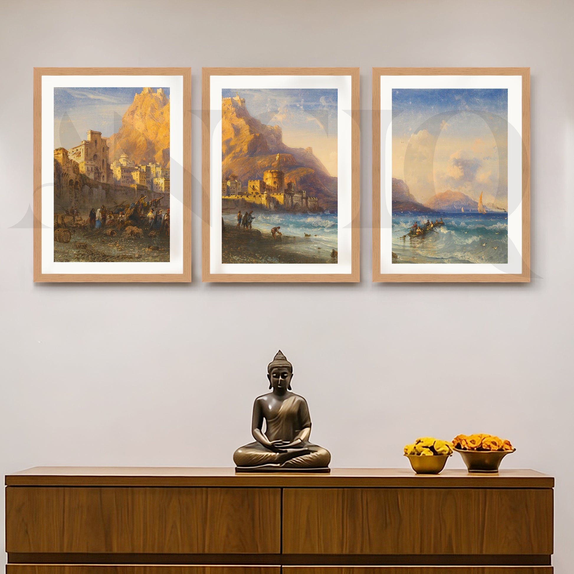 Coastal Mountain Harbour Gallery Wall – Set of 3 Mediterranean Landscape Artworks - 18 x 24 Inches for Entryway/Hallway