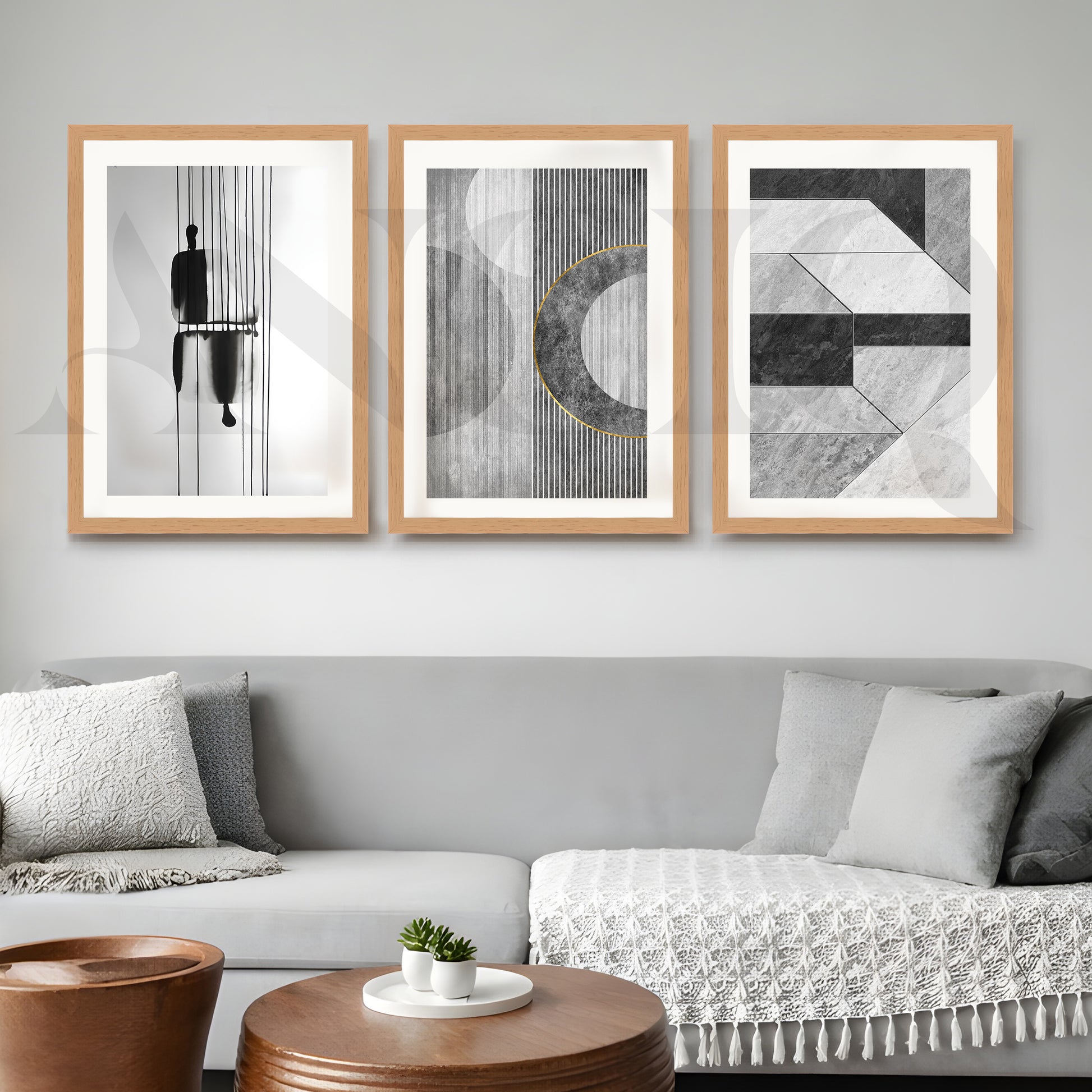 Monochrome Modern Geometry Gallery Wall – Set of 3 Minimal Abstract Artworks - 18 x 24 Inches for Office/Study Room