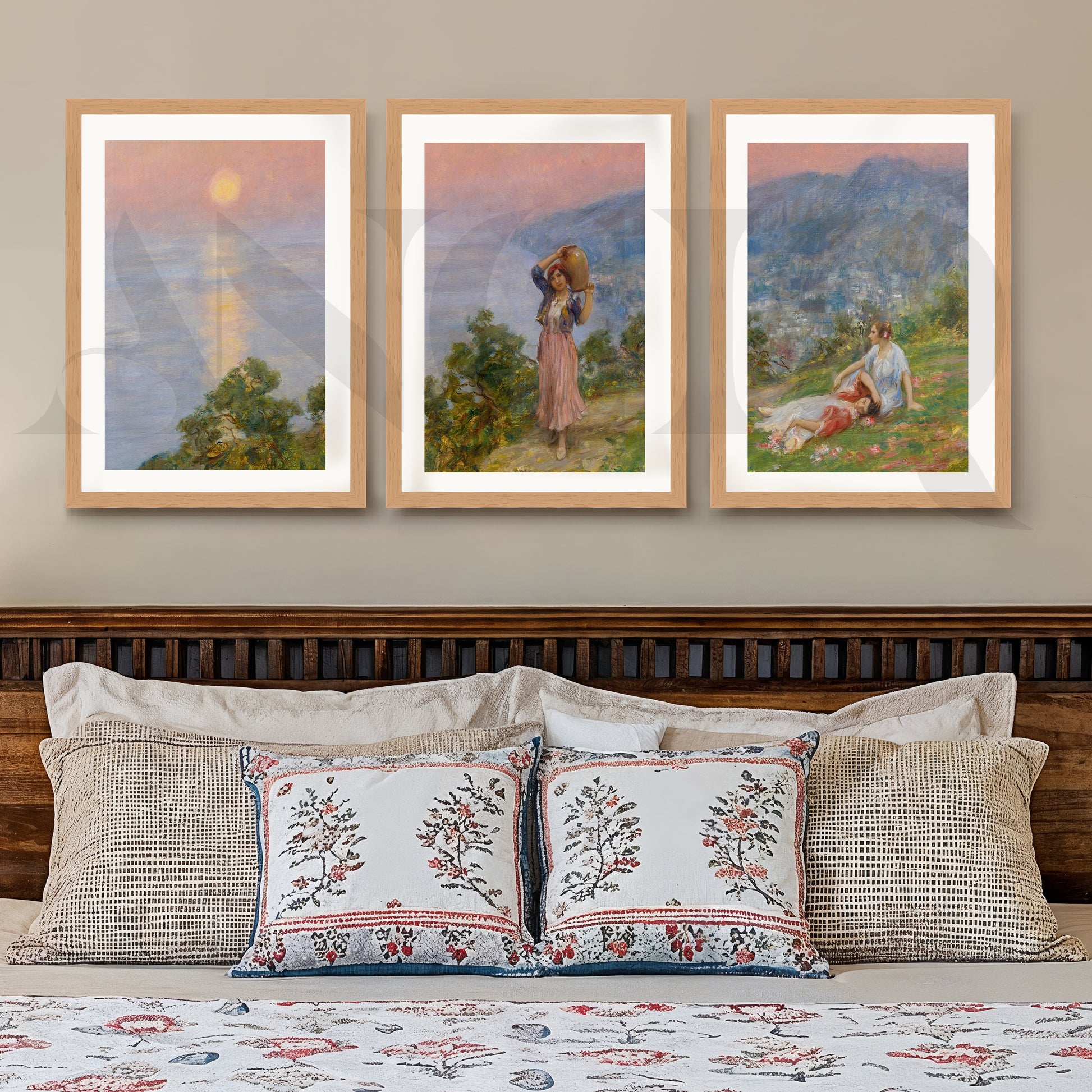 Pastoral Sunset Figures Gallery Wall – Set of 3 Impressionist Landscape Artworks - 18 x 24 Inches for Stylish Bedroom