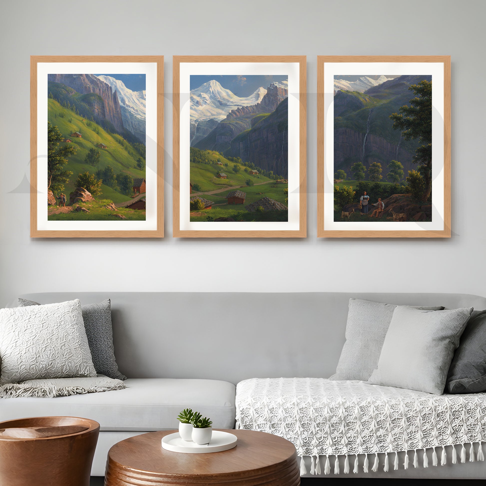 Alpine Valley Landscape Gallery Wall – Set of 3 Classic Mountain Artworks - 18 x 24 Inches for Living Room
